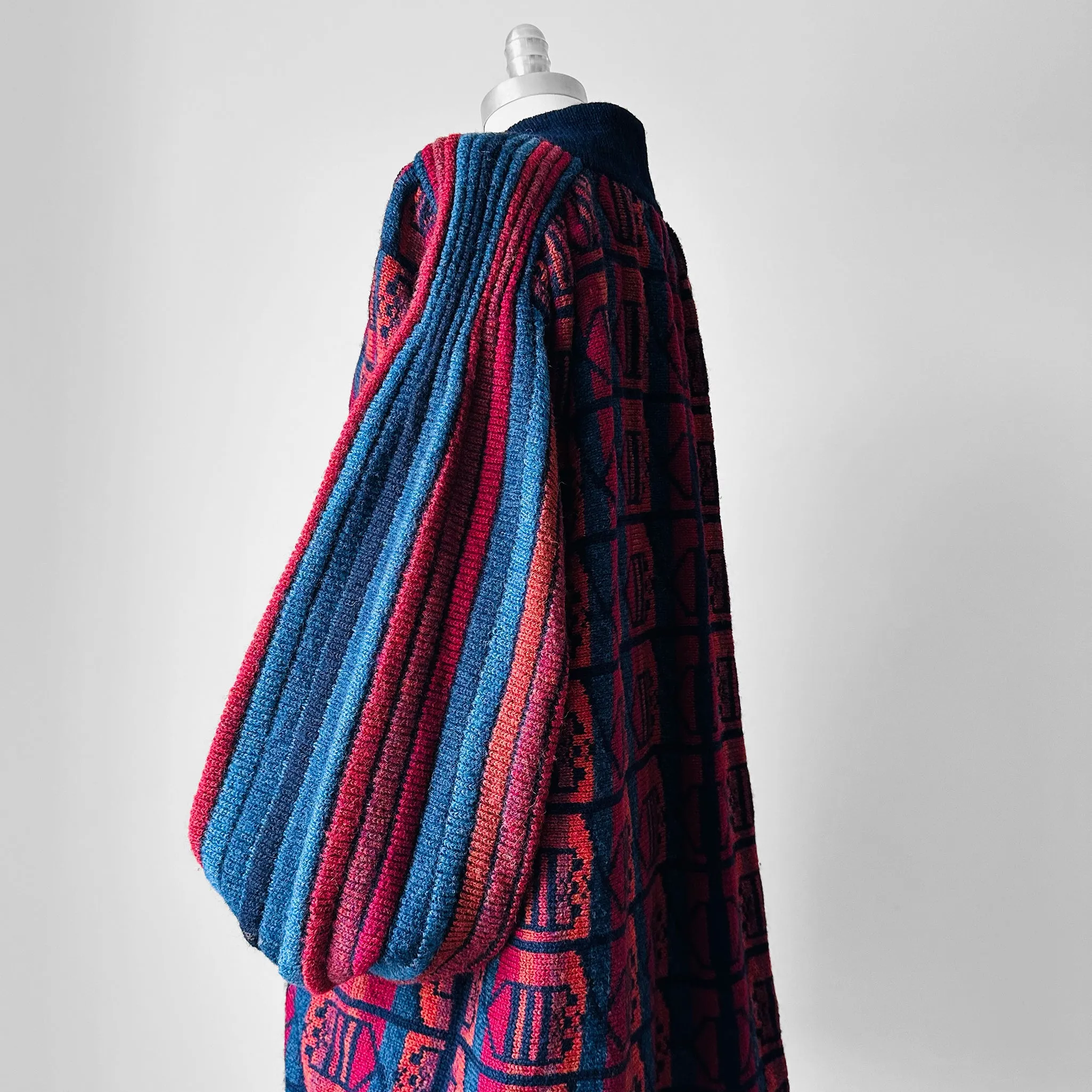 1980s Navy Red Wool Puff Sleeve Patterned Textured Knit Cardigan - Sz. O/S