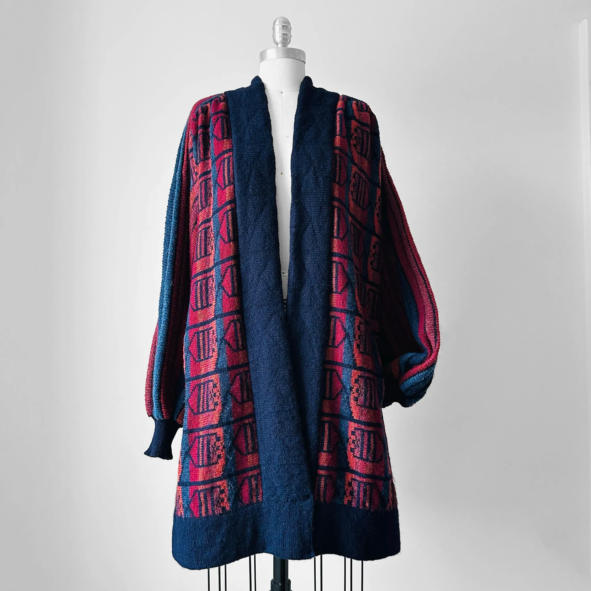 1980s Navy Red Wool Puff Sleeve Patterned Textured Knit Cardigan - Sz. O/S