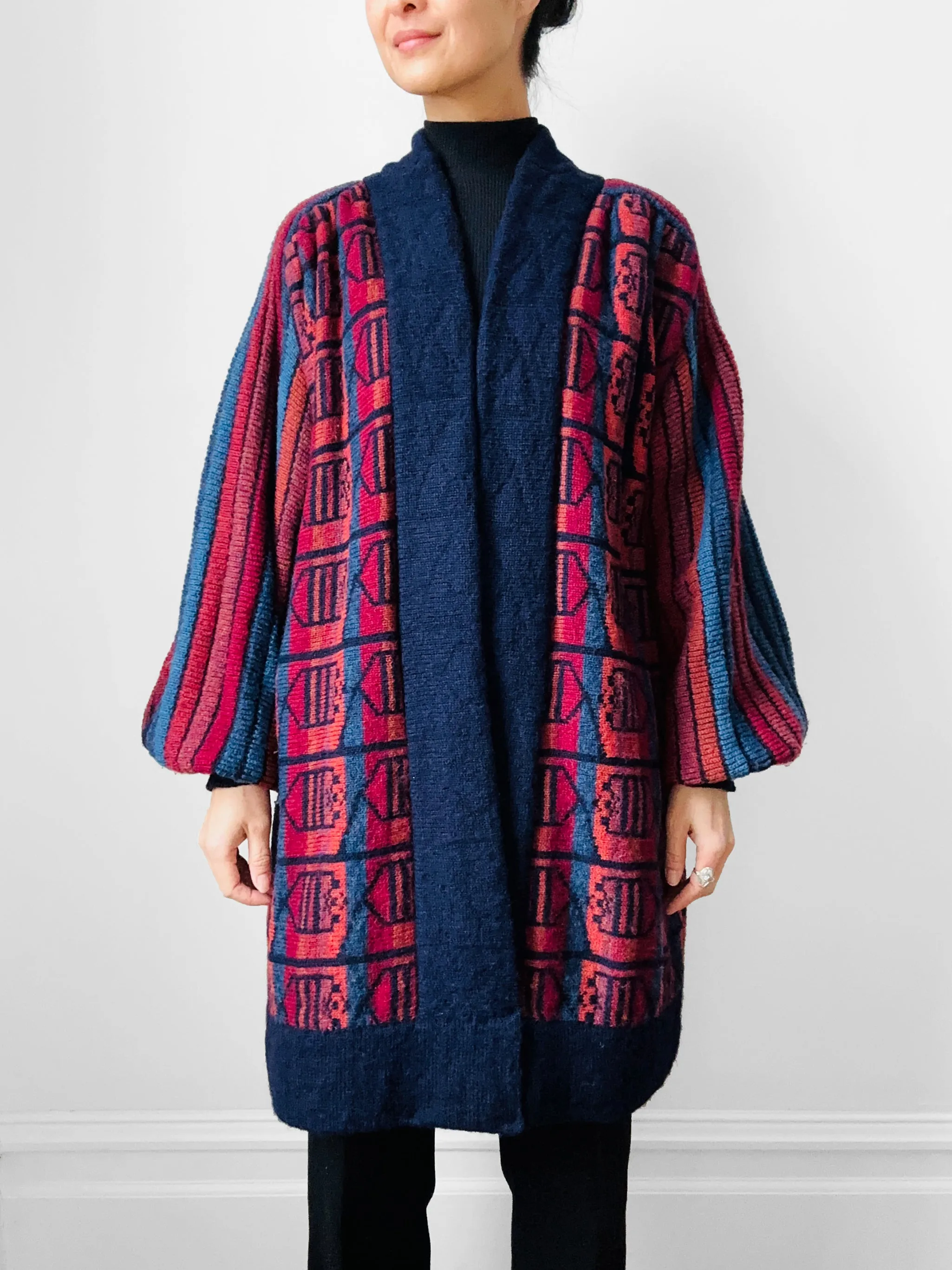 1980s Navy Red Wool Puff Sleeve Patterned Textured Knit Cardigan - Sz. O/S