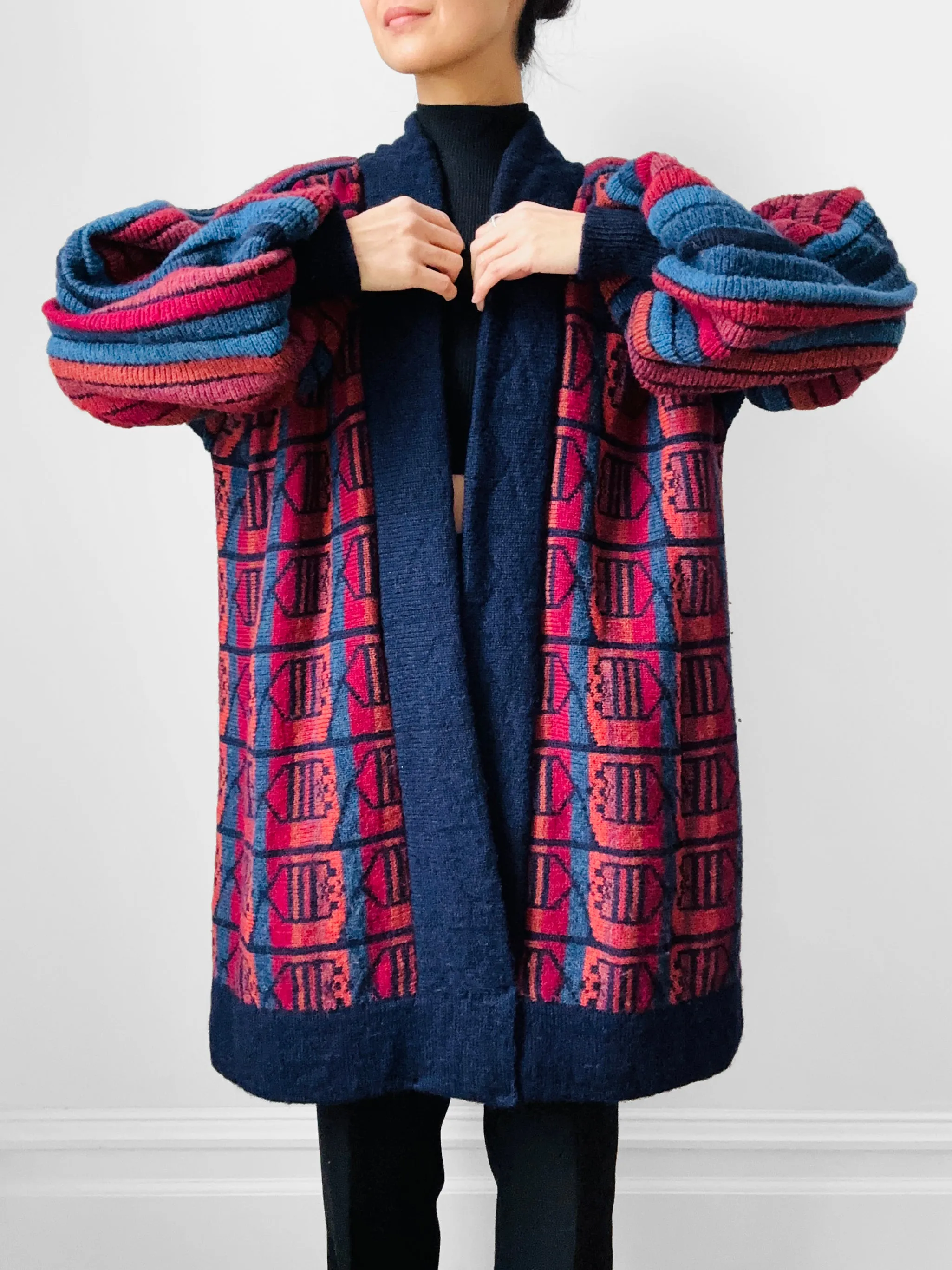 1980s Navy Red Wool Puff Sleeve Patterned Textured Knit Cardigan - Sz. O/S