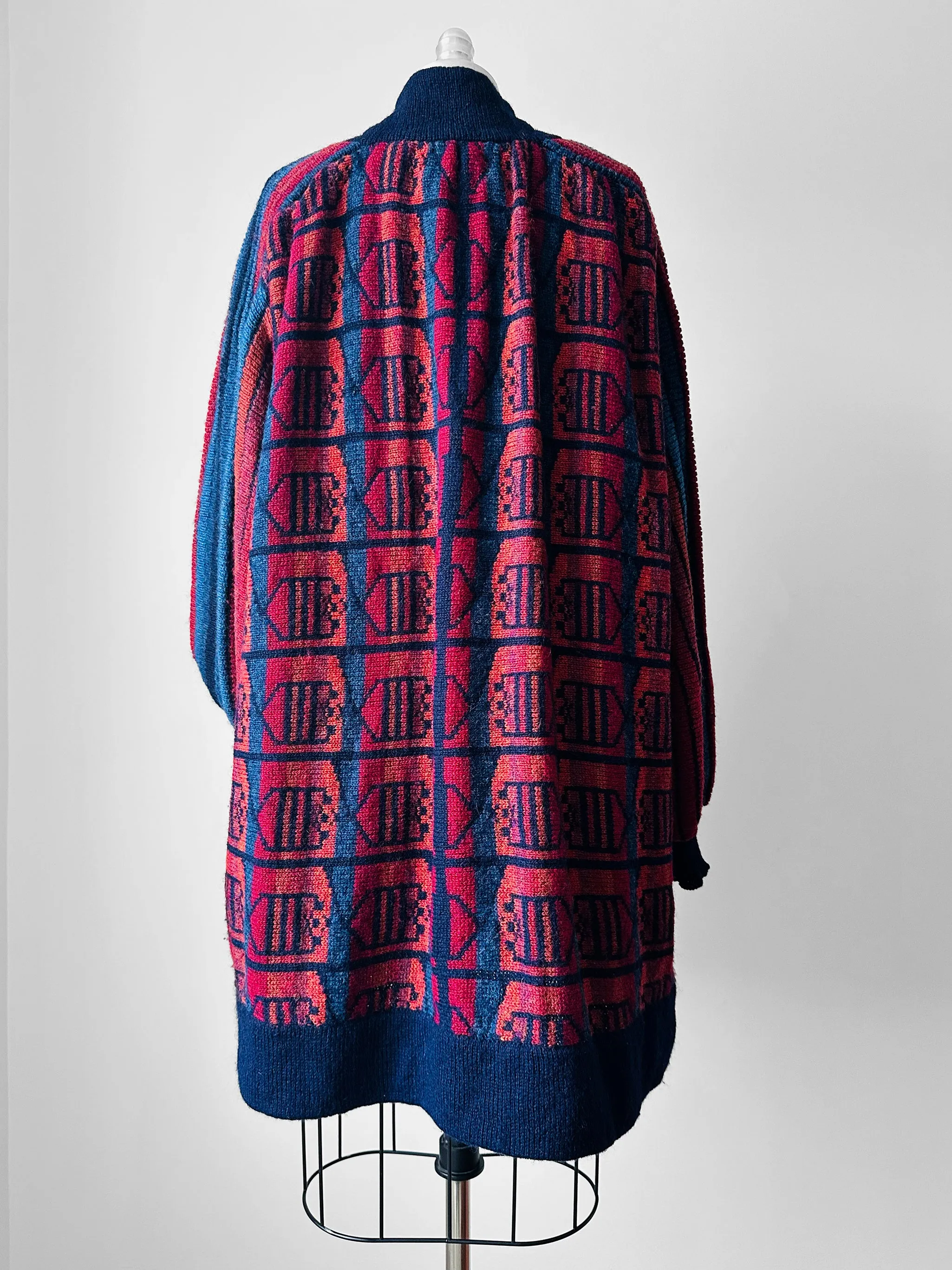 1980s Navy Red Wool Puff Sleeve Patterned Textured Knit Cardigan - Sz. O/S