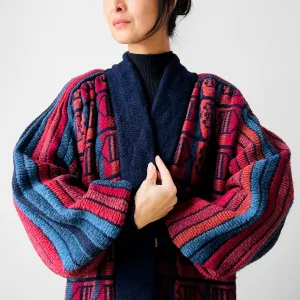 1980s Navy Red Wool Puff Sleeve Patterned Textured Knit Cardigan - Sz. O/S