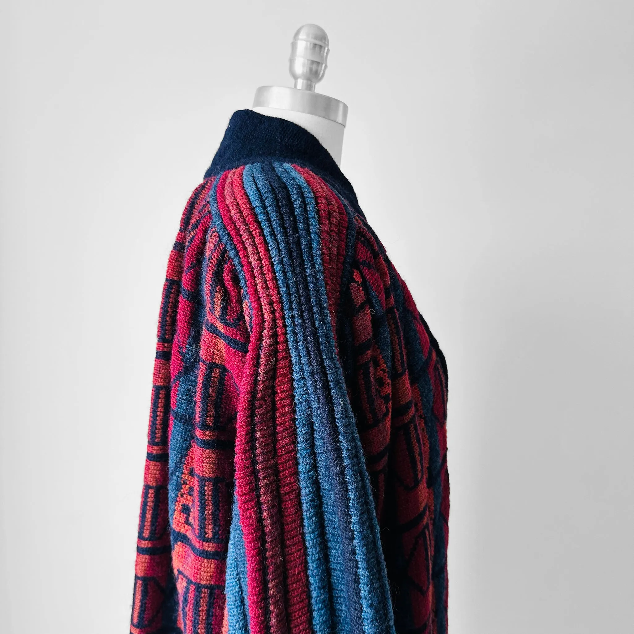 1980s Navy Red Wool Puff Sleeve Patterned Textured Knit Cardigan - Sz. O/S