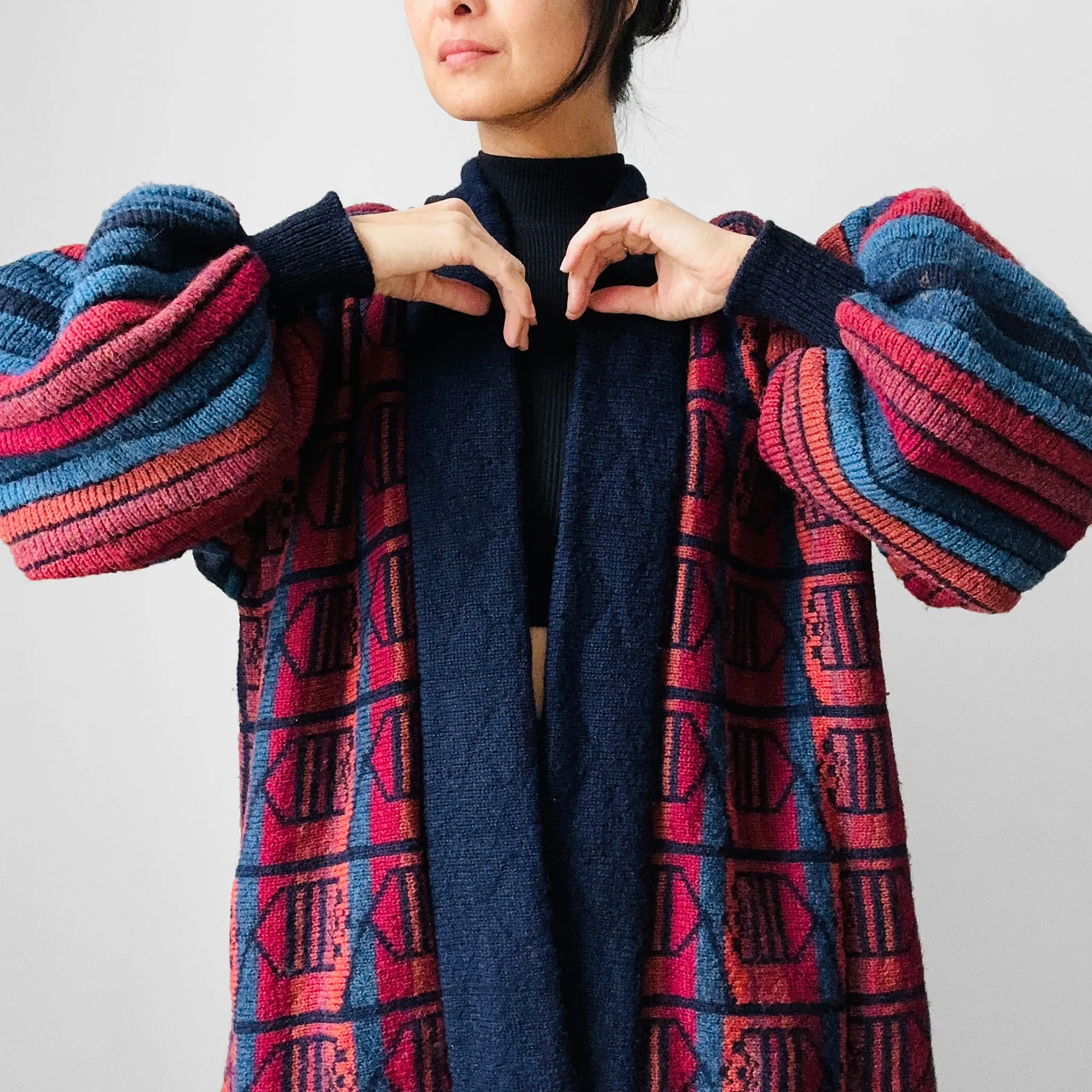 1980s Navy Red Wool Puff Sleeve Patterned Textured Knit Cardigan - Sz. O/S