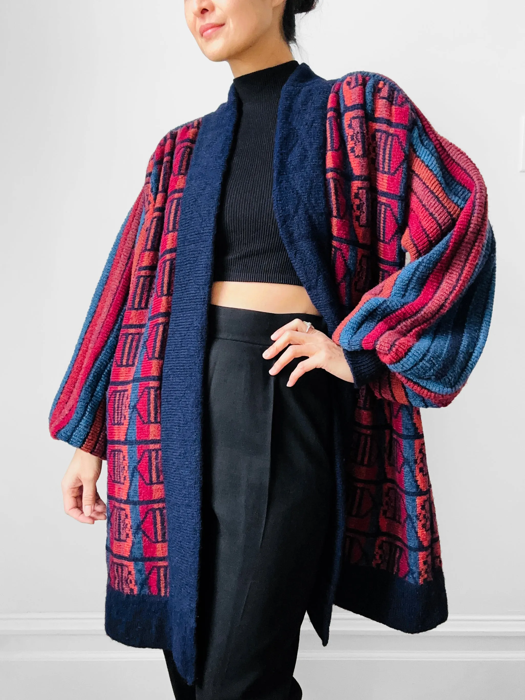 1980s Navy Red Wool Puff Sleeve Patterned Textured Knit Cardigan - Sz. O/S