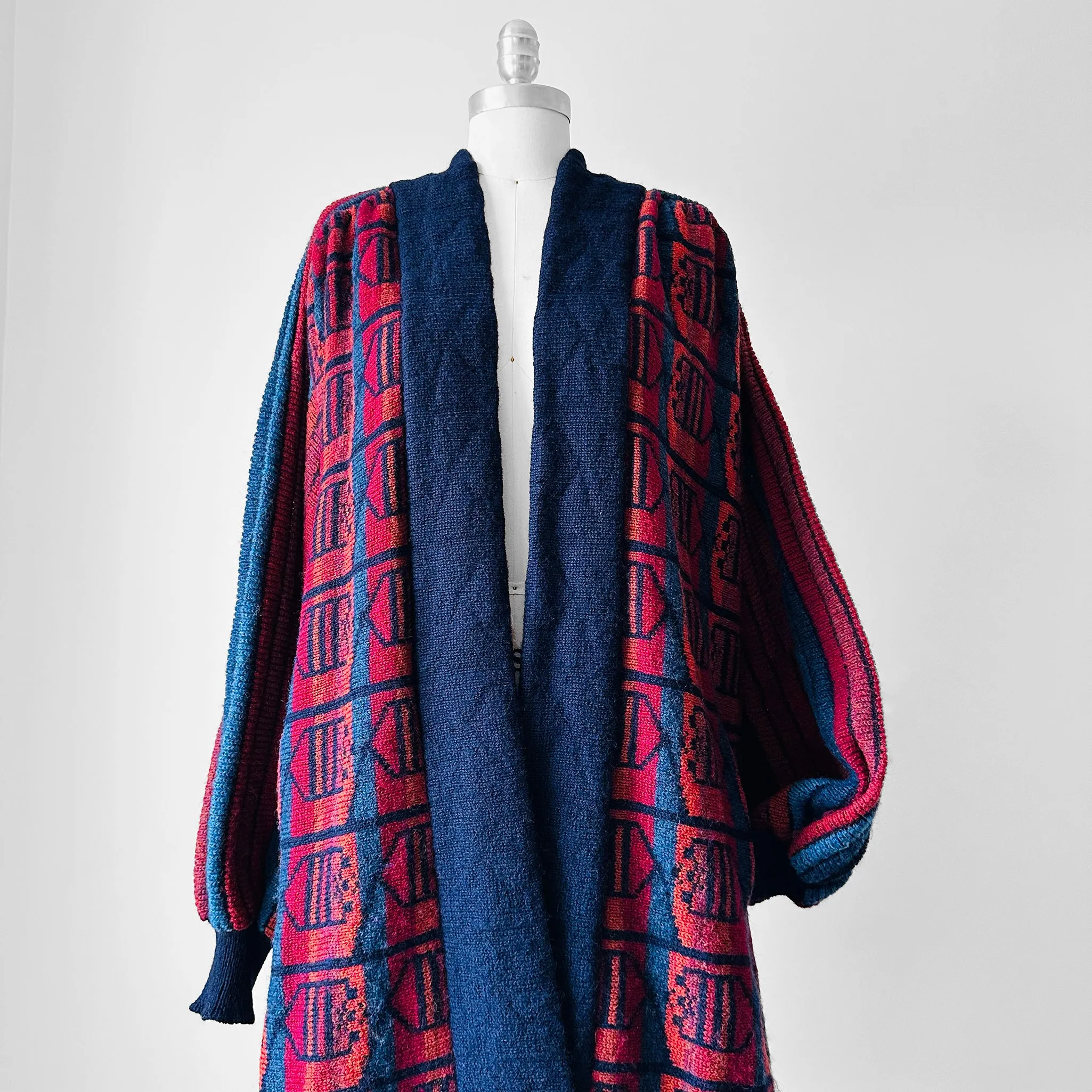 1980s Navy Red Wool Puff Sleeve Patterned Textured Knit Cardigan - Sz. O/S