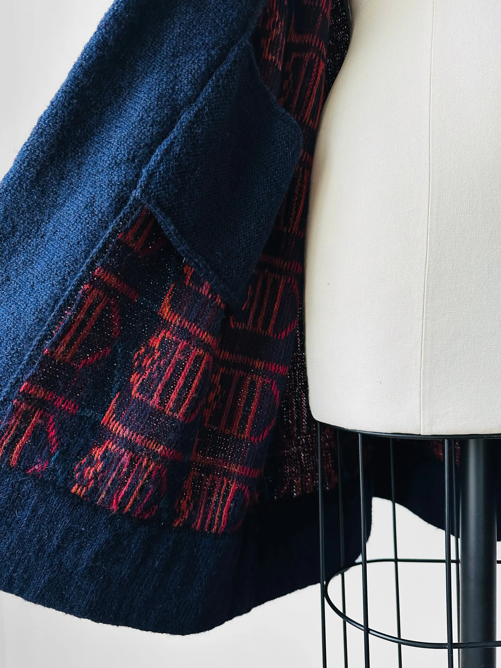 1980s Navy Red Wool Puff Sleeve Patterned Textured Knit Cardigan - Sz. O/S