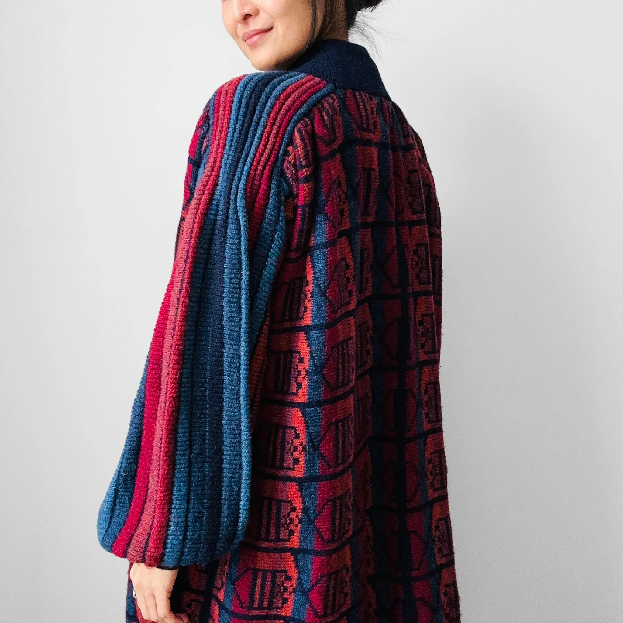 1980s Navy Red Wool Puff Sleeve Patterned Textured Knit Cardigan - Sz. O/S