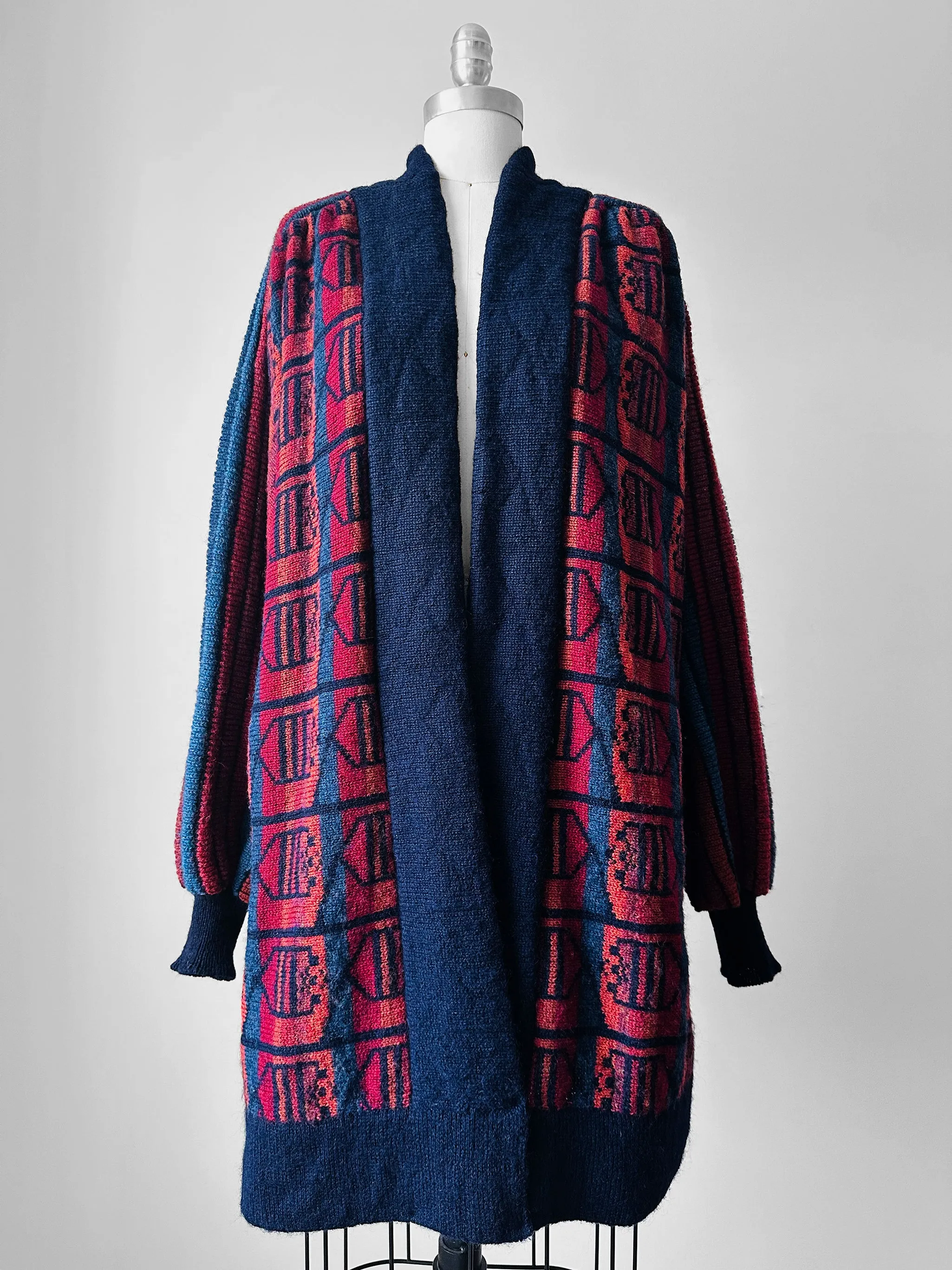 1980s Navy Red Wool Puff Sleeve Patterned Textured Knit Cardigan - Sz. O/S