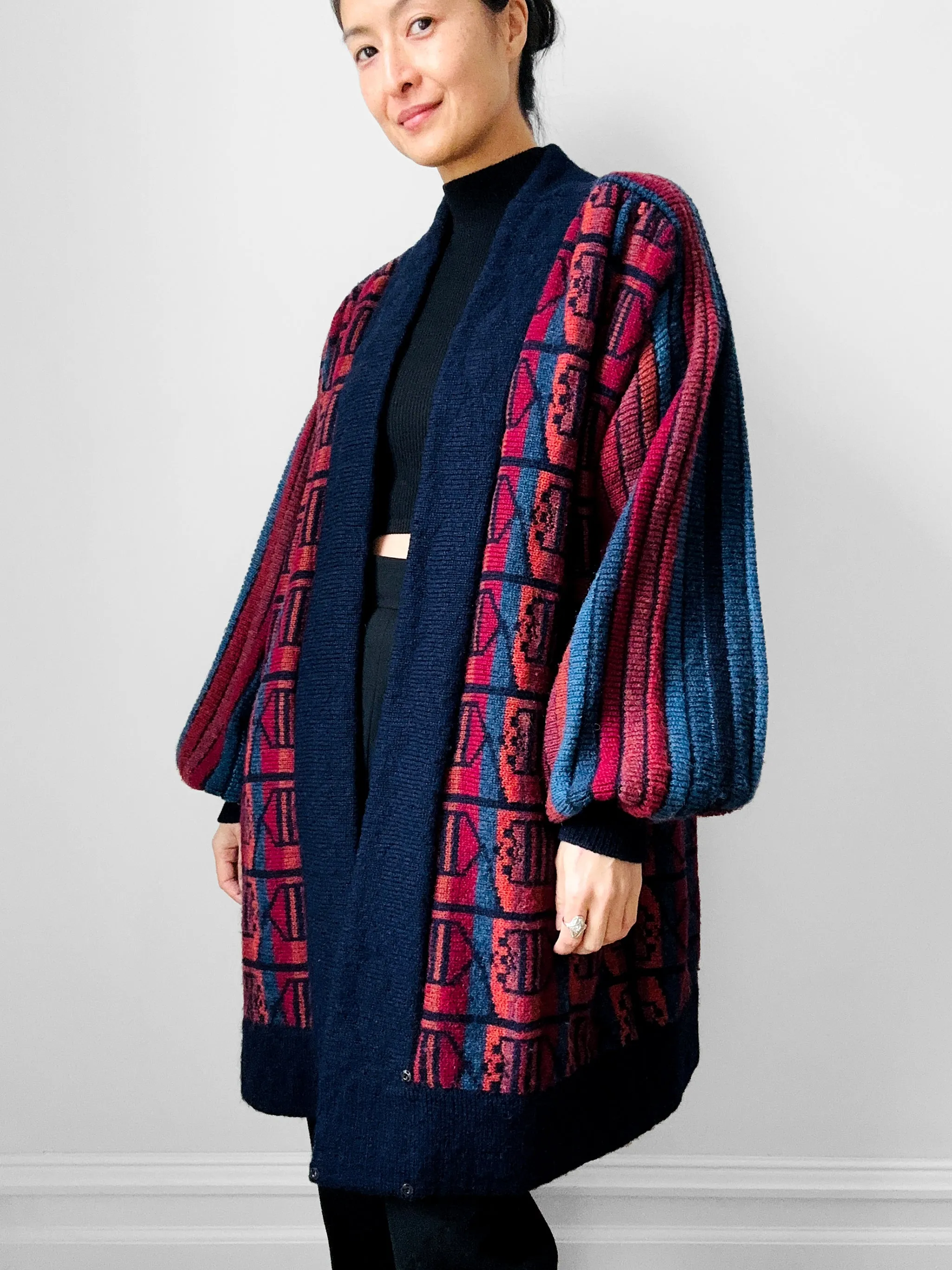1980s Navy Red Wool Puff Sleeve Patterned Textured Knit Cardigan - Sz. O/S
