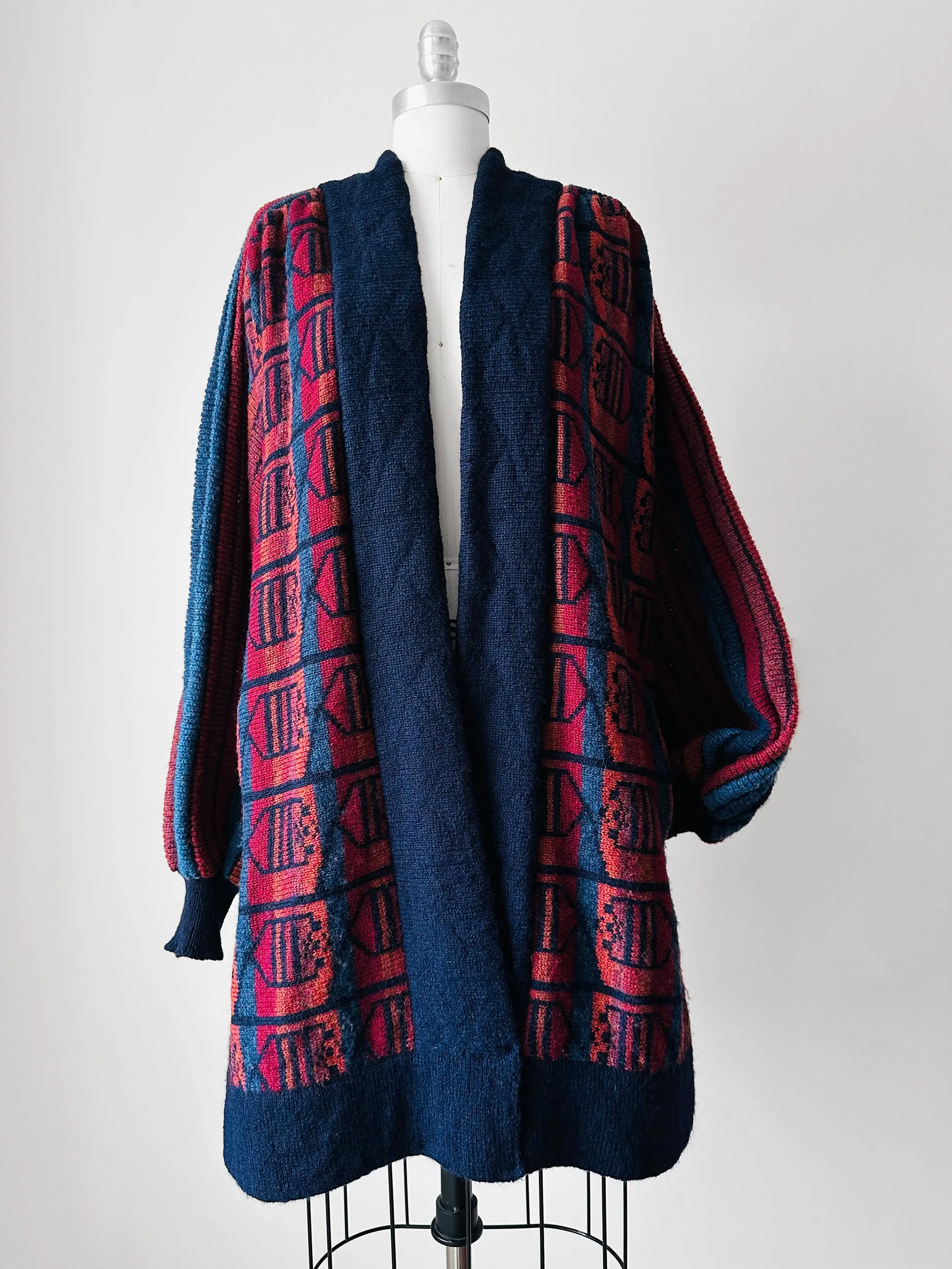 1980s Navy Red Wool Puff Sleeve Patterned Textured Knit Cardigan - Sz. O/S