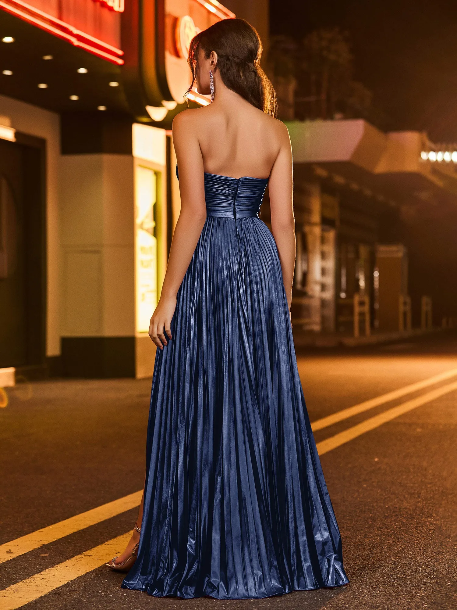 A-line  Strapless Pleated Maxi Dress Dark Navy