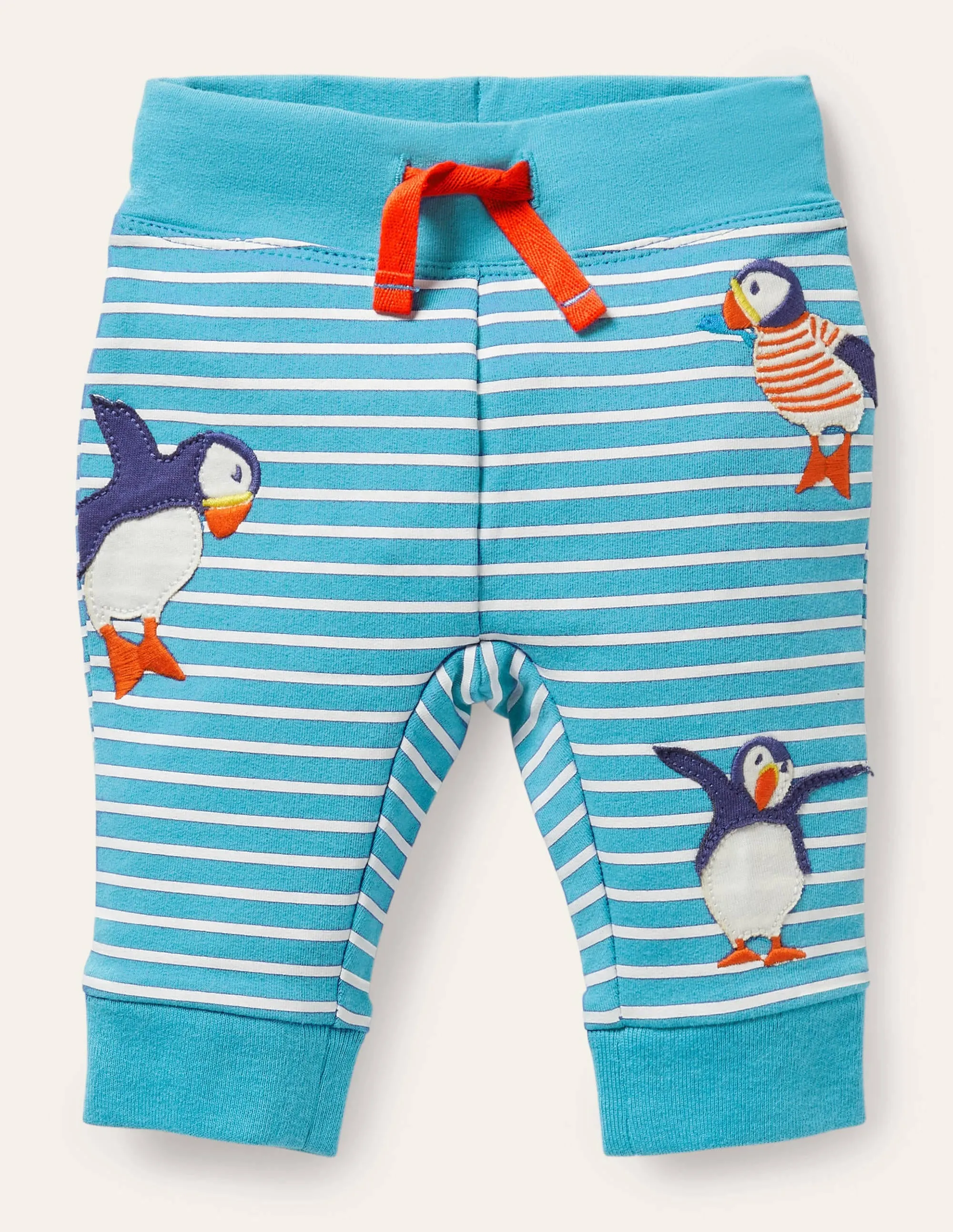 Appliqué Jersey Trousers-Ivory/Aqua Puffins