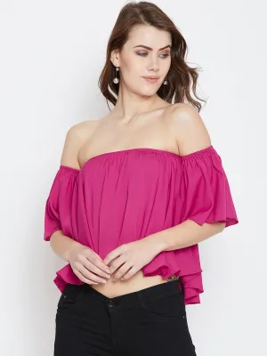 Berrylush Women Solid Pink Off-Shoulder Neck Ruffled Crop Bardot Top