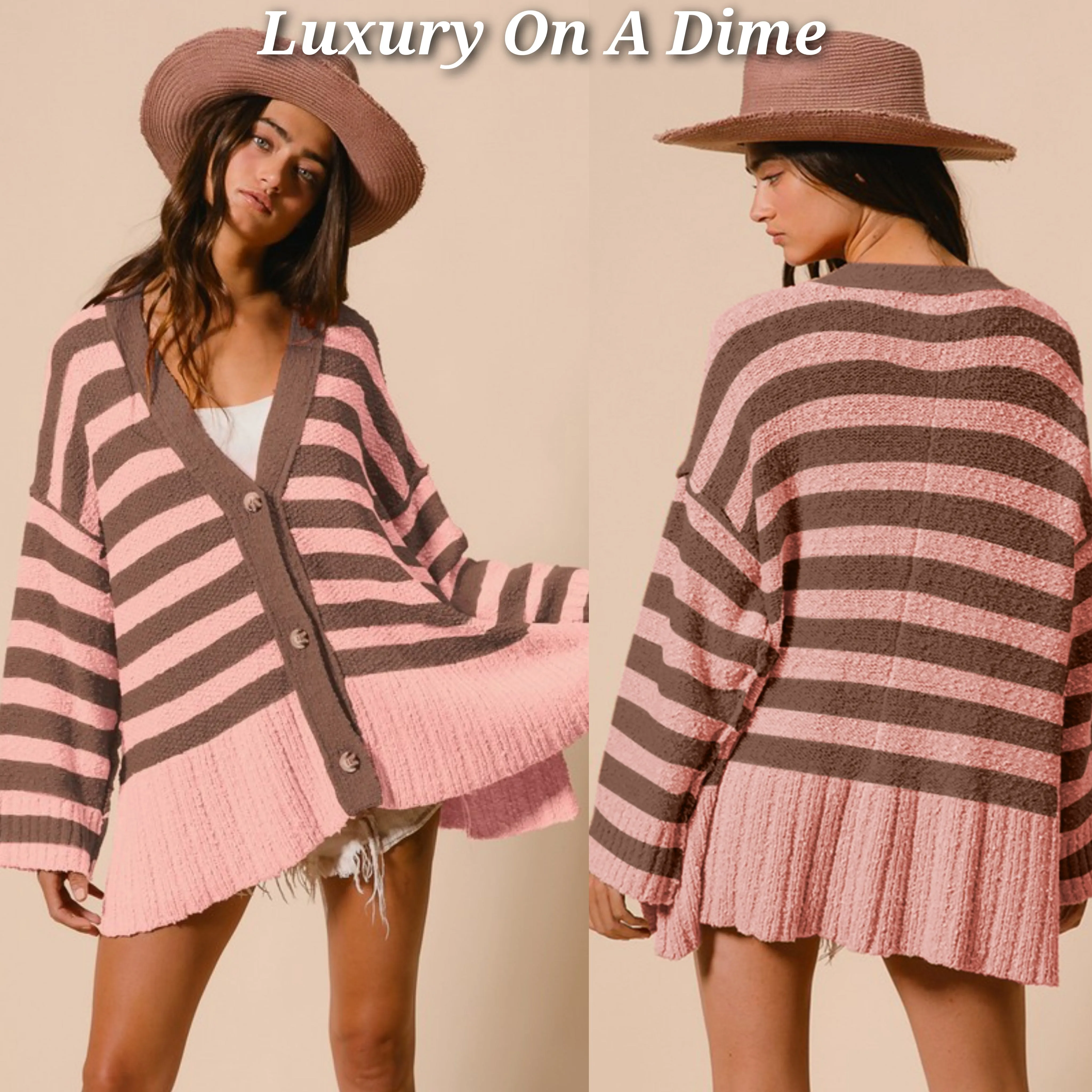 BiBi Oversized Knit Cardigan Slit Side Long Sleeve Stripe Soft Button-Up Sweater