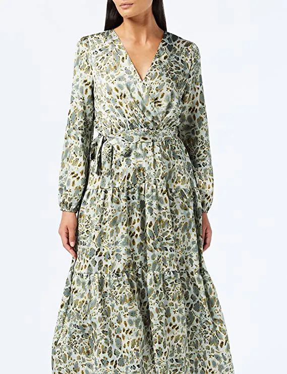 Black Boho Print Maxi Dress Ruffle Long Sleeve Wrap V Neck Casual A Line Flowy Party Long Dress with Belt - Find