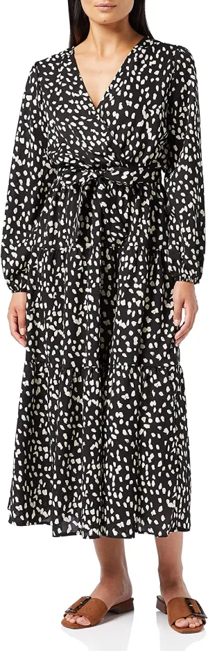 Black Boho Print Maxi Dress Ruffle Long Sleeve Wrap V Neck Casual A Line Flowy Party Long Dress with Belt - Find