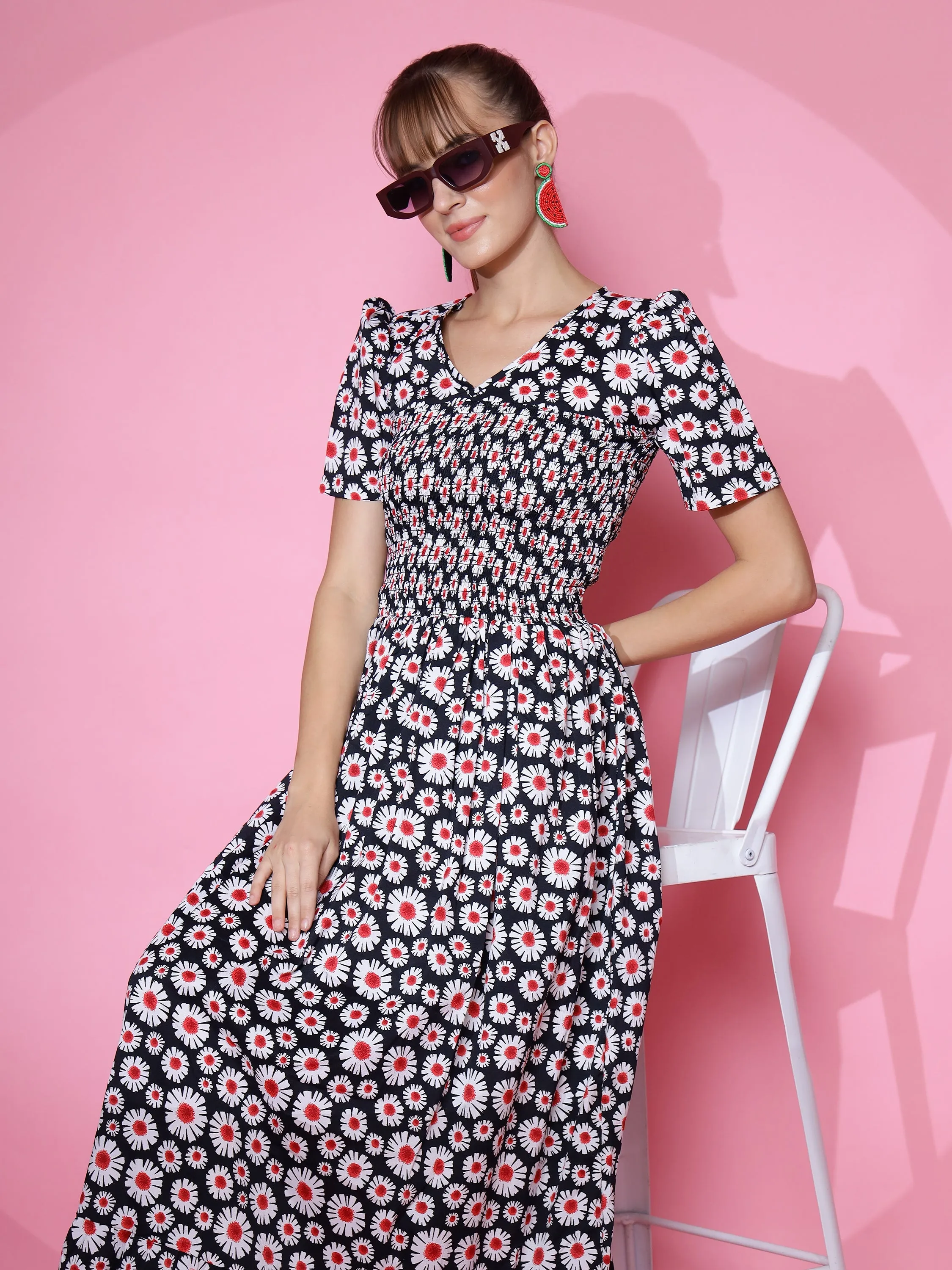 Black Floral V-Neck Maxi Dress
