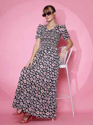 Black Floral V-Neck Maxi Dress