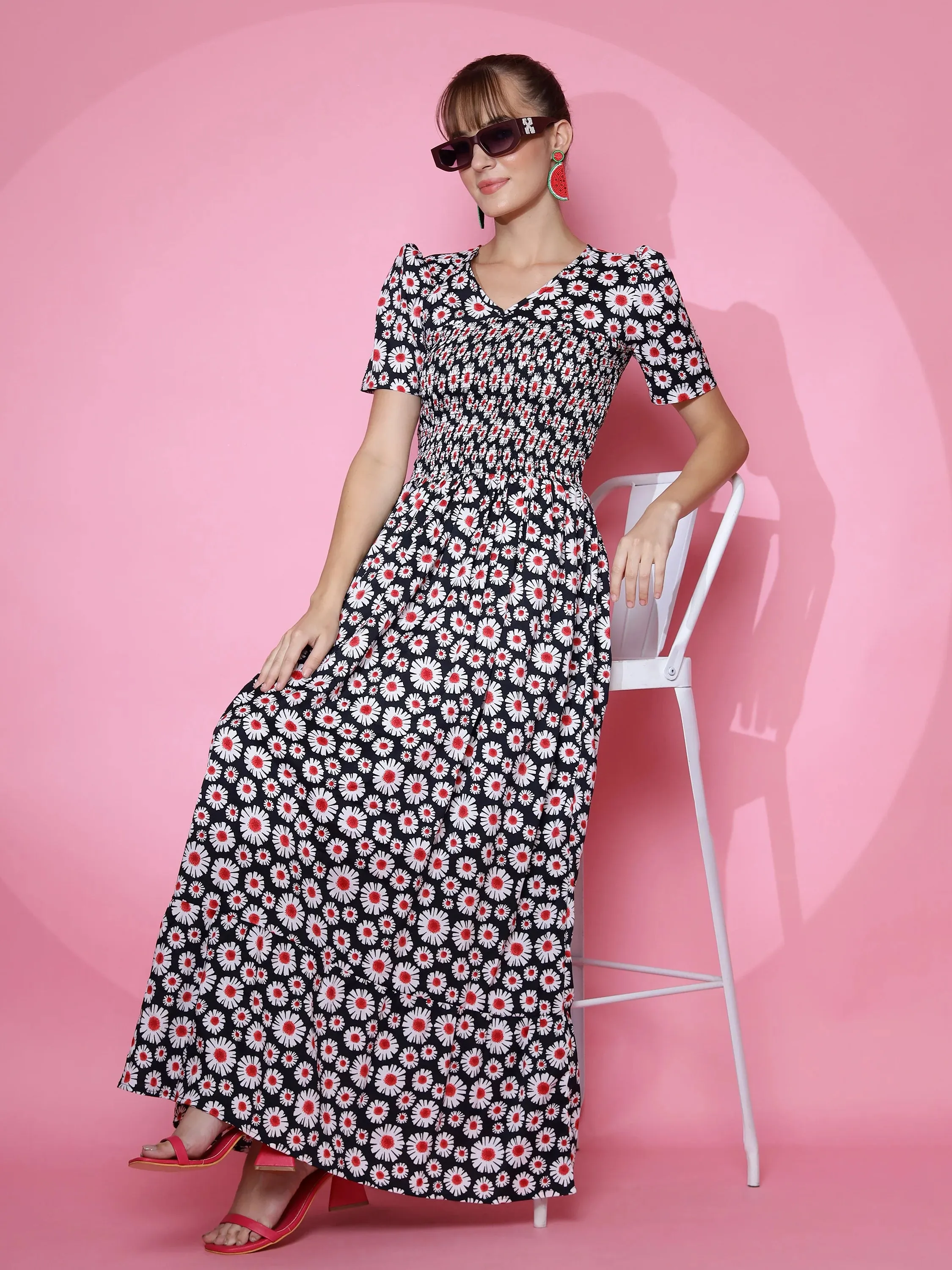 Black Floral V-Neck Maxi Dress