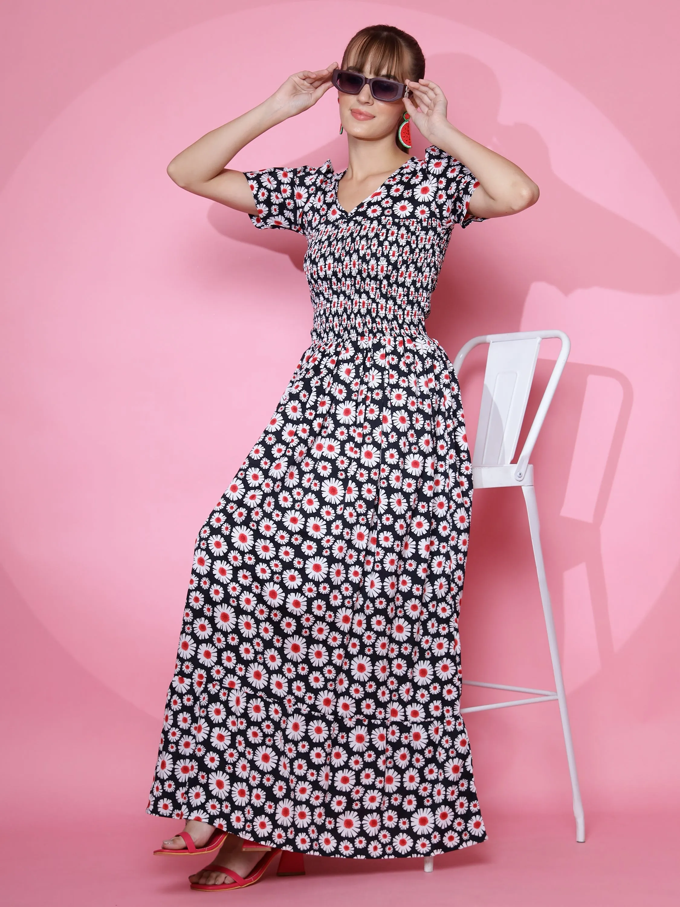 Black Floral V-Neck Maxi Dress
