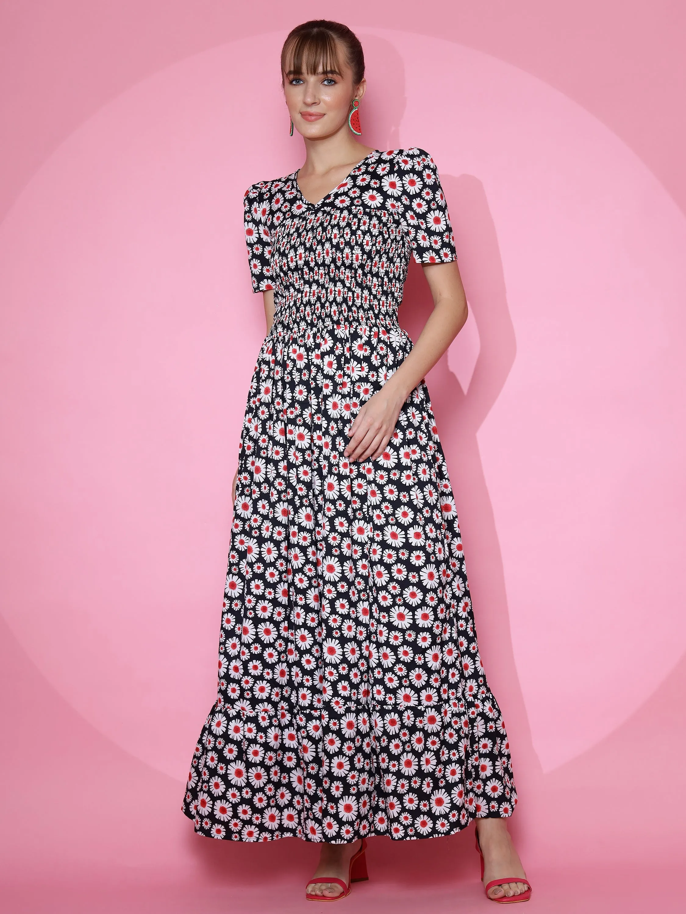 Black Floral V-Neck Maxi Dress