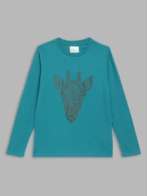 Blue Giraffe Boys Teal Printed Round Neck Full Sleeves T-Shirt