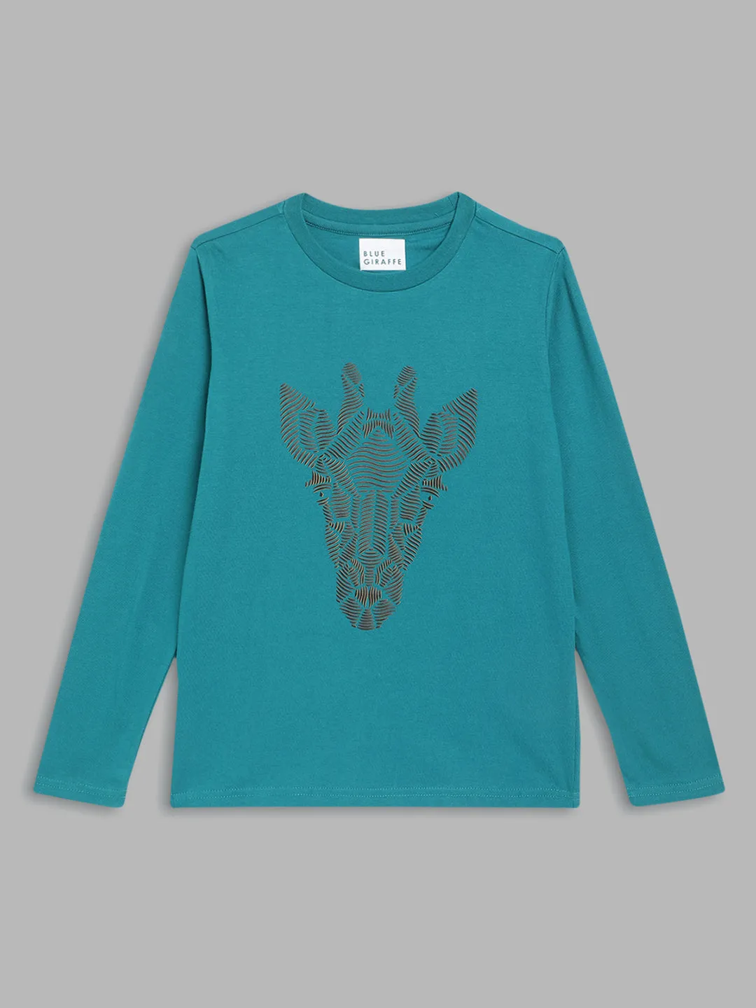 Blue Giraffe Boys Teal Printed Round Neck Full Sleeves T-Shirt