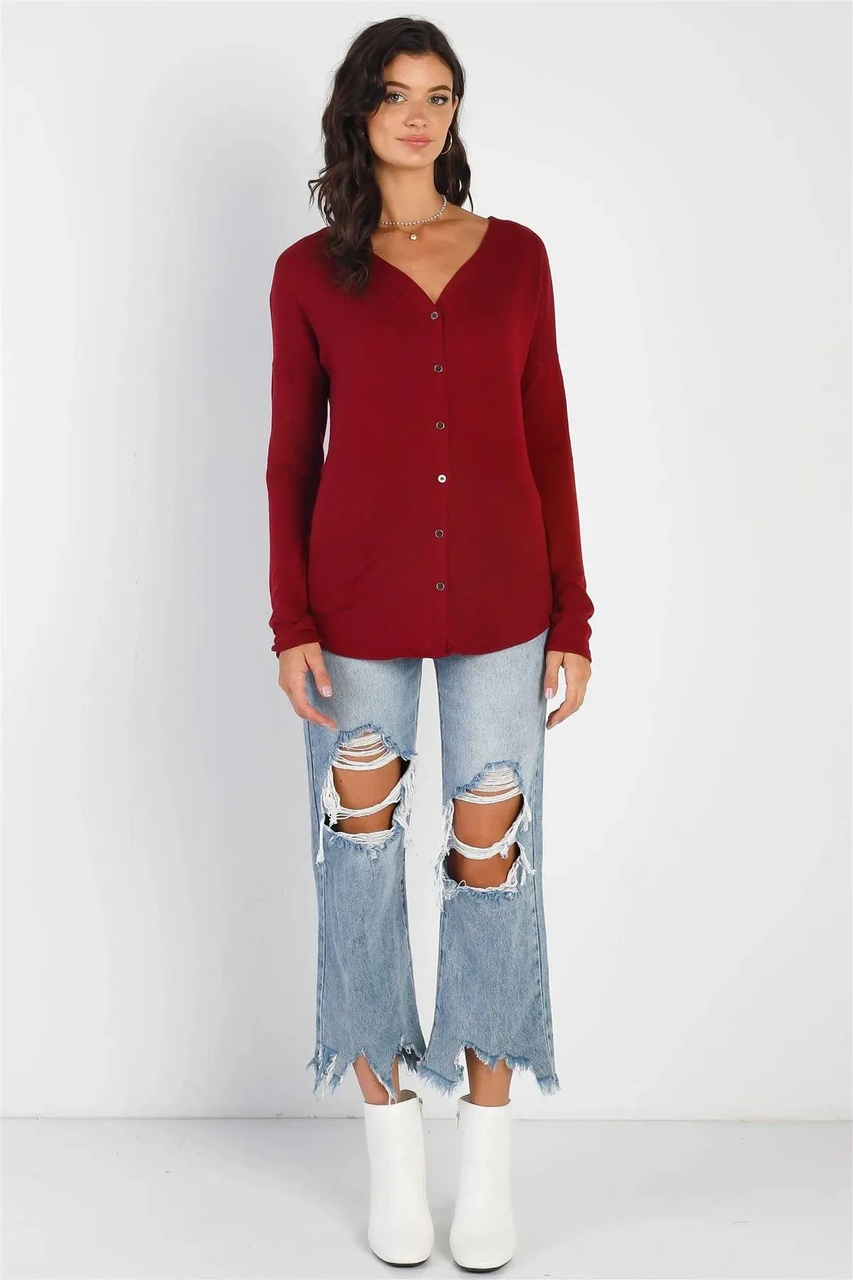 Burgundy V-Neck Long Sleeve Cardigan