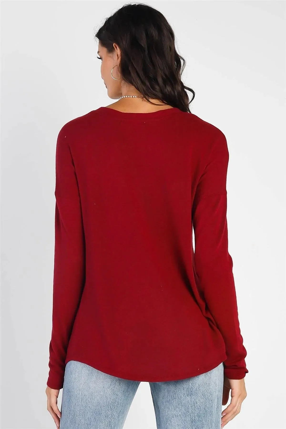 Burgundy V-Neck Long Sleeve Cardigan