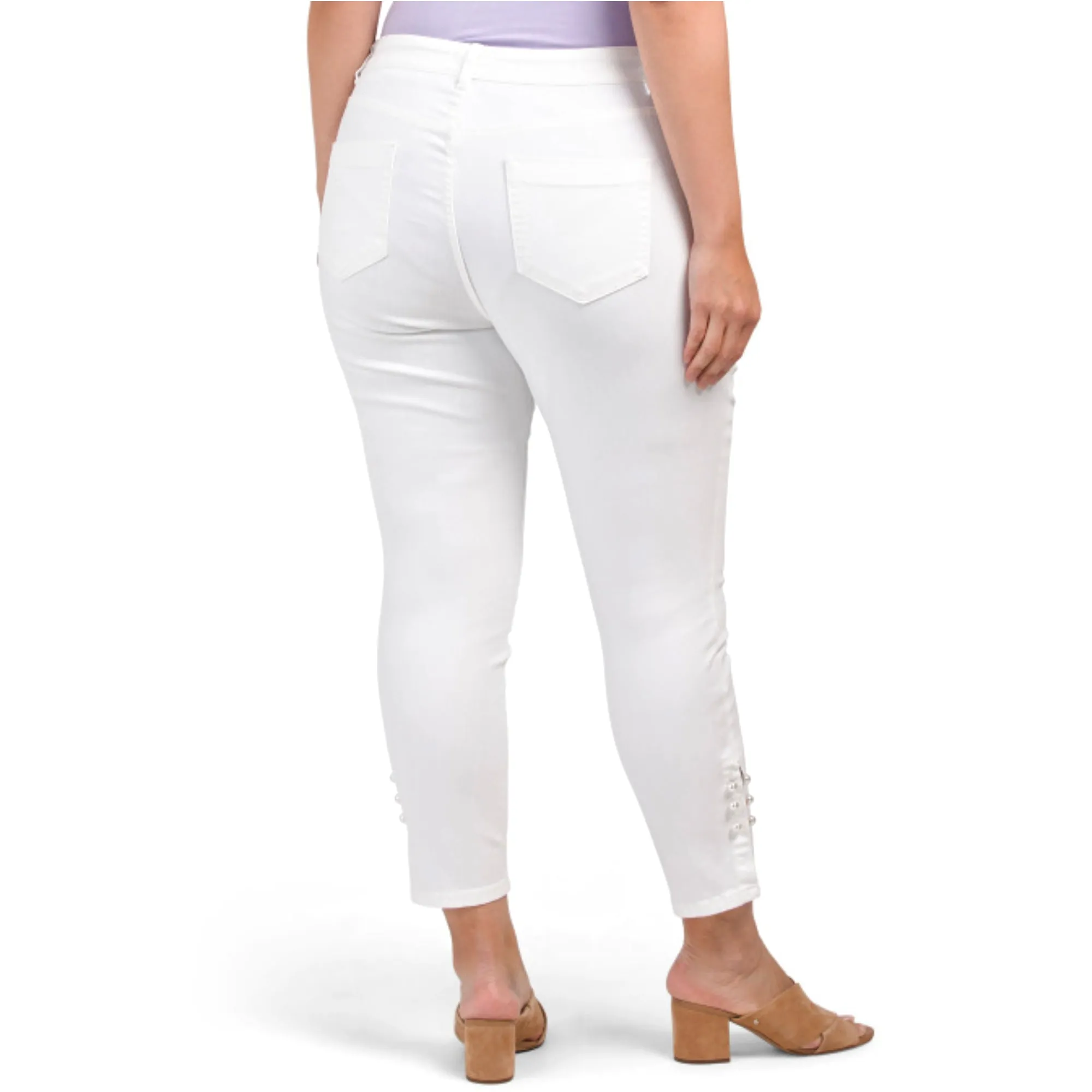 CECE Women's Plus 5 Pocket Pearls Embellished Cropped Skinny Jeans