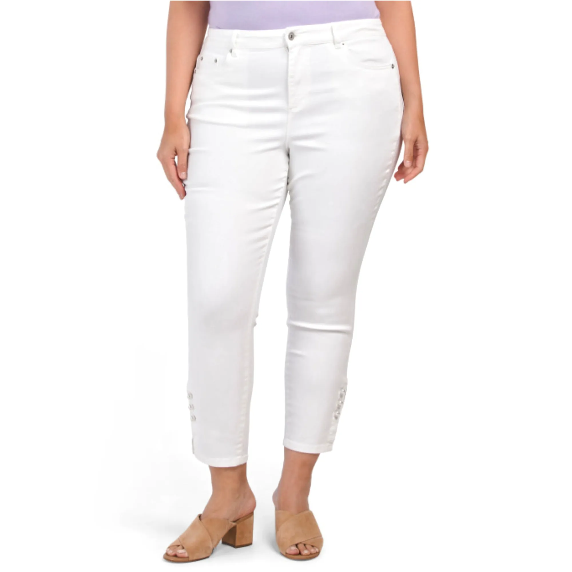 CECE Women's Plus 5 Pocket Pearls Embellished Cropped Skinny Jeans