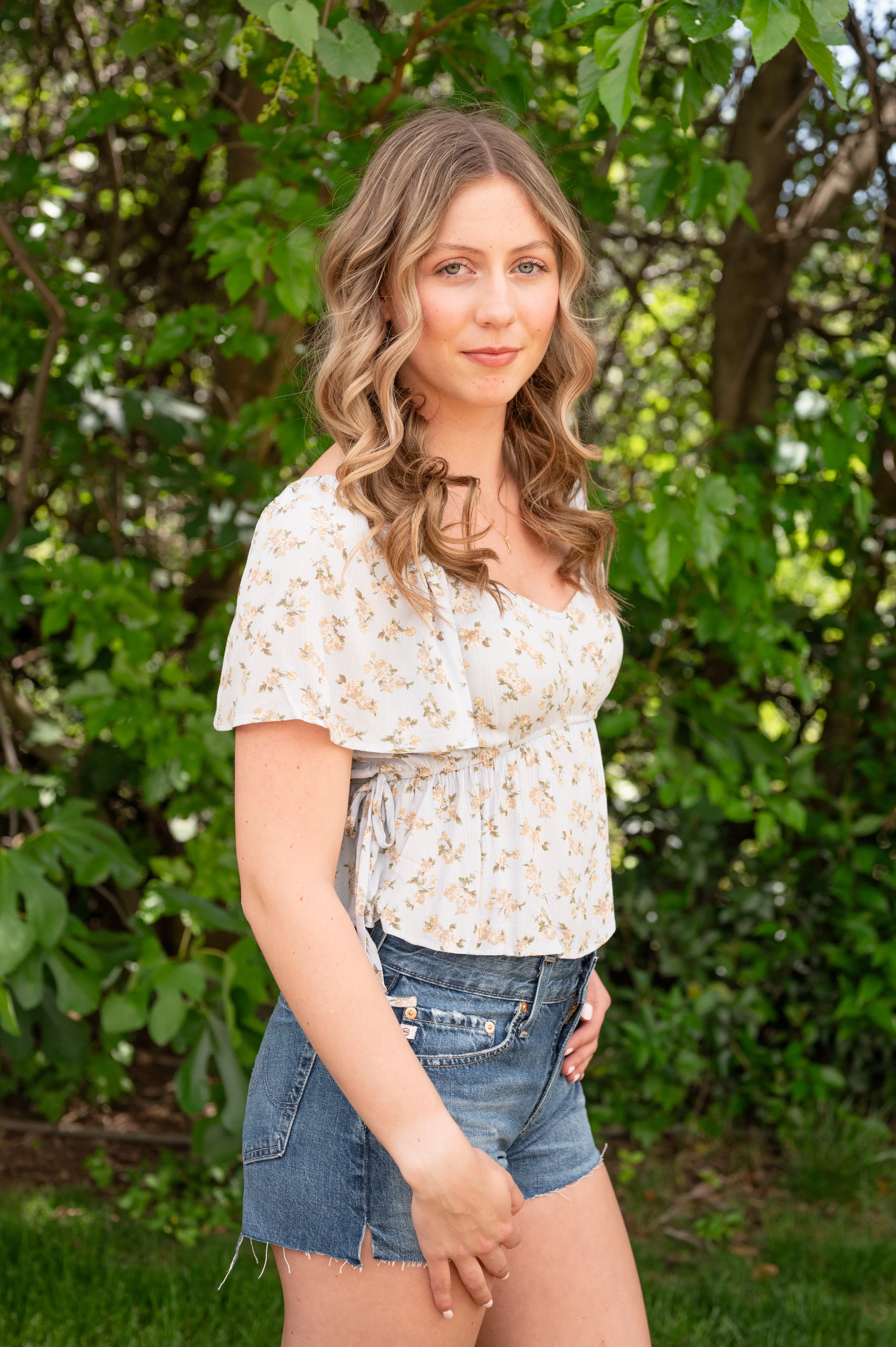 Clearance - Floral Crop Blouse W/ Side Tie Detail