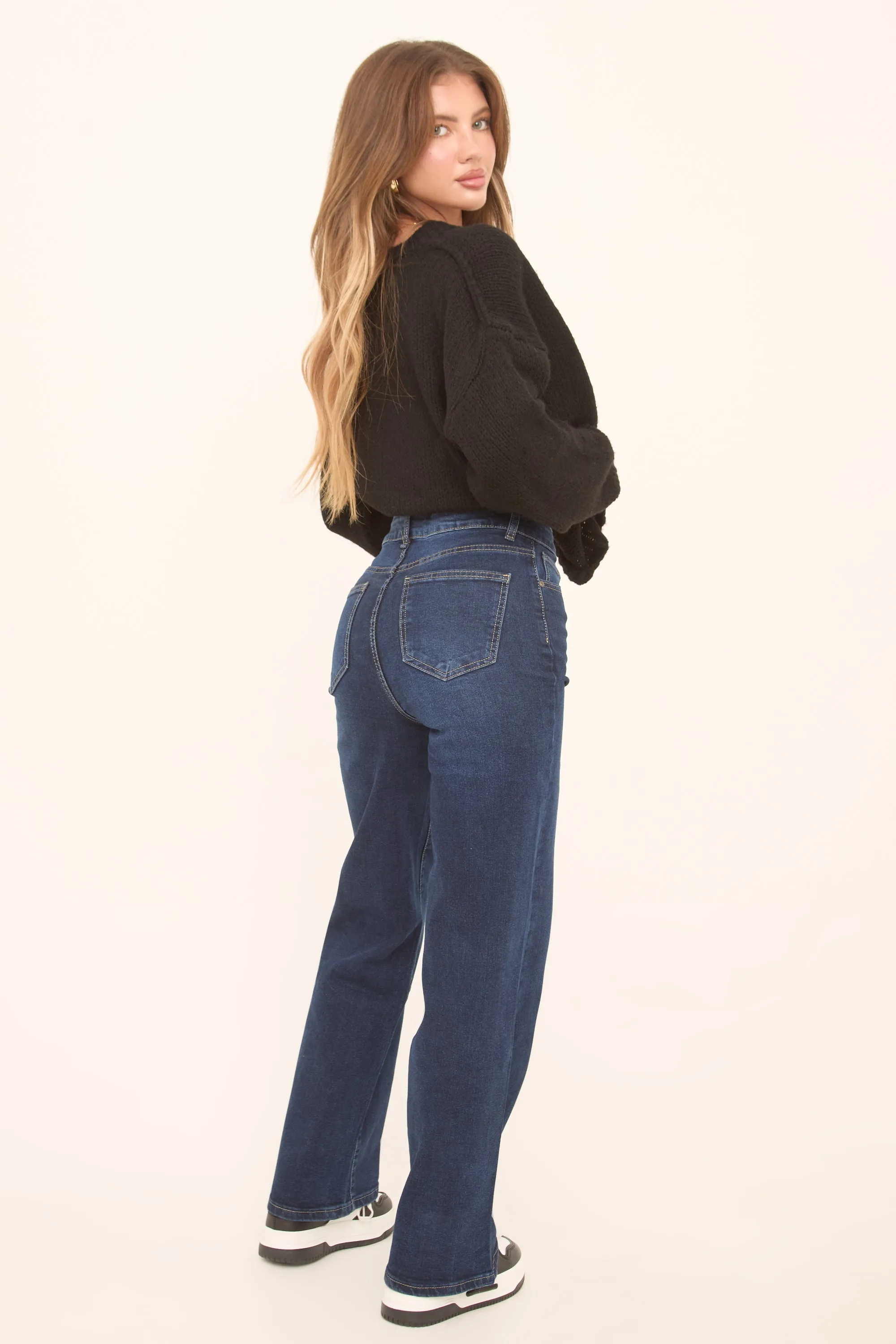 Dark Blue Stretch Straight Leg Denim Jeans - Lajoy