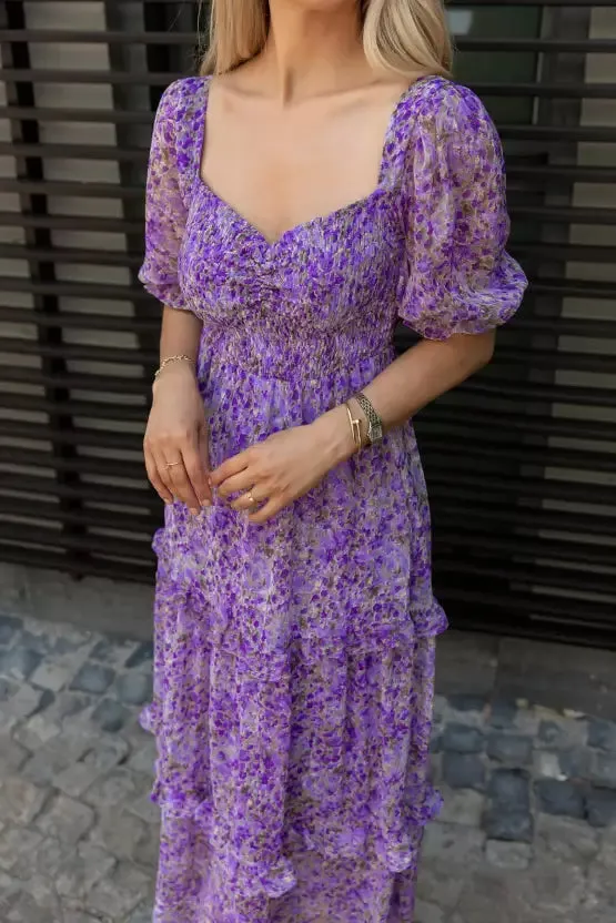 Elegant Purple Floral Print Maxi Dress