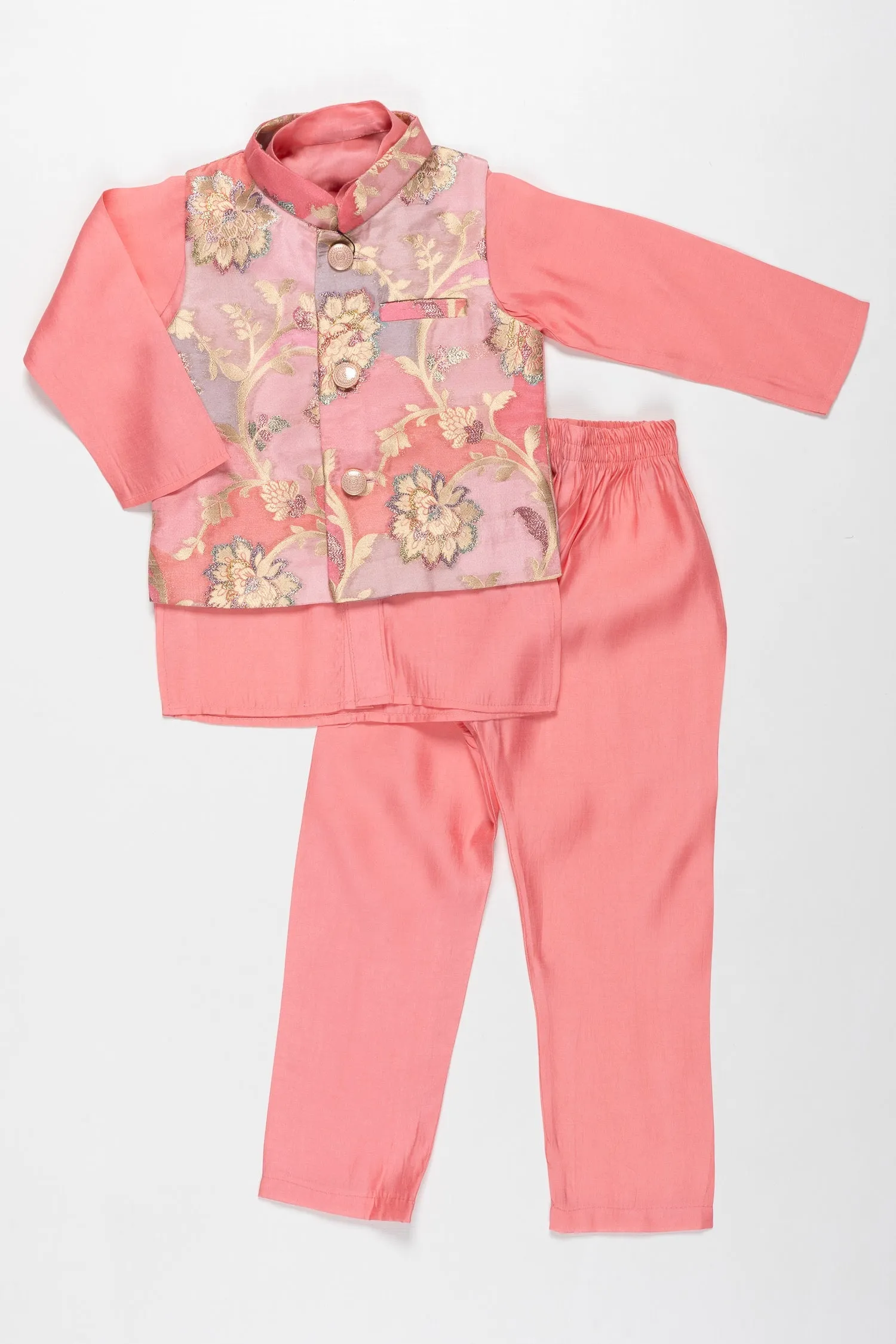 Enchanted Blossom Boys Pink Kurta with Floral Jacket Set