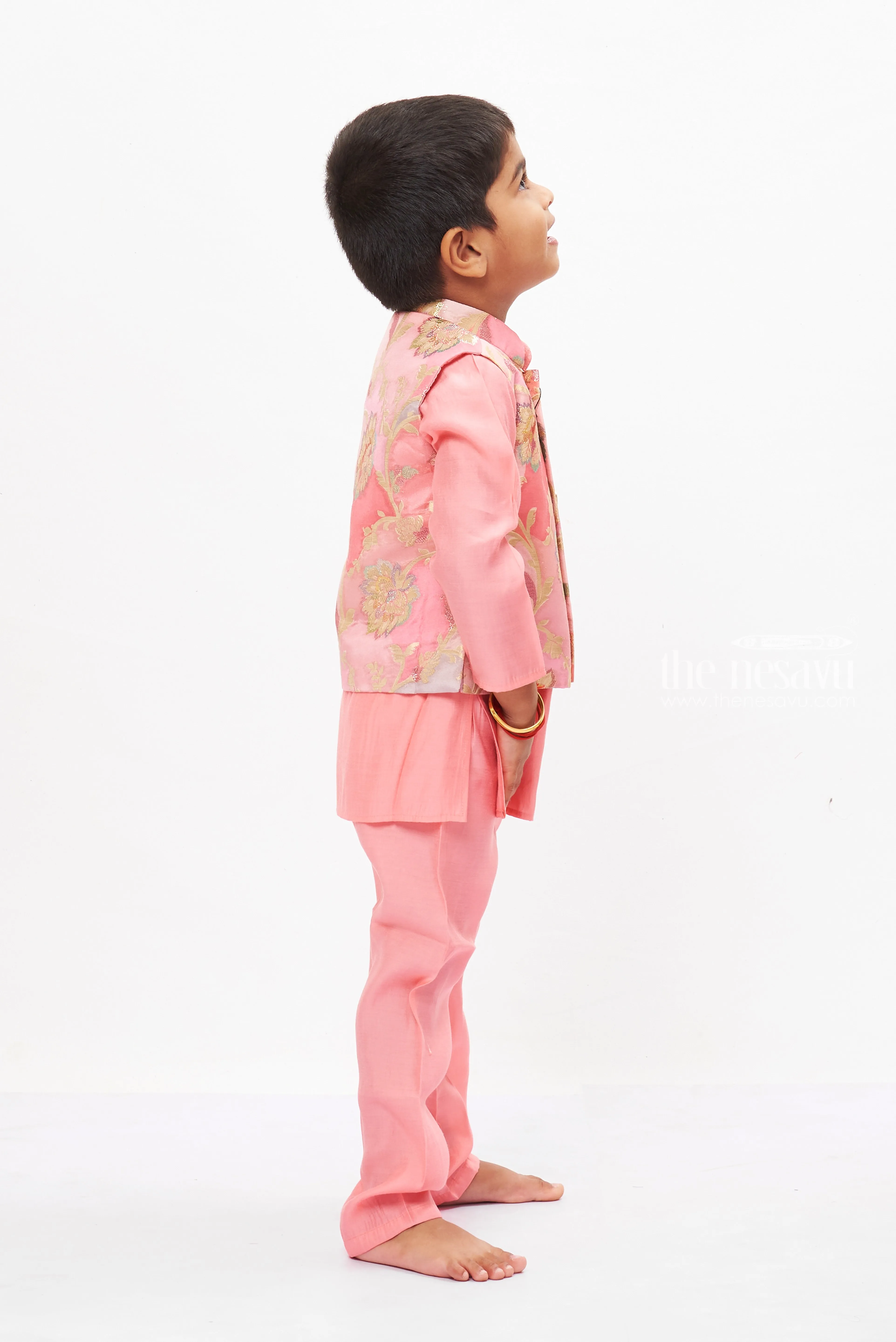 Enchanted Blossom Boys Pink Kurta with Floral Jacket Set