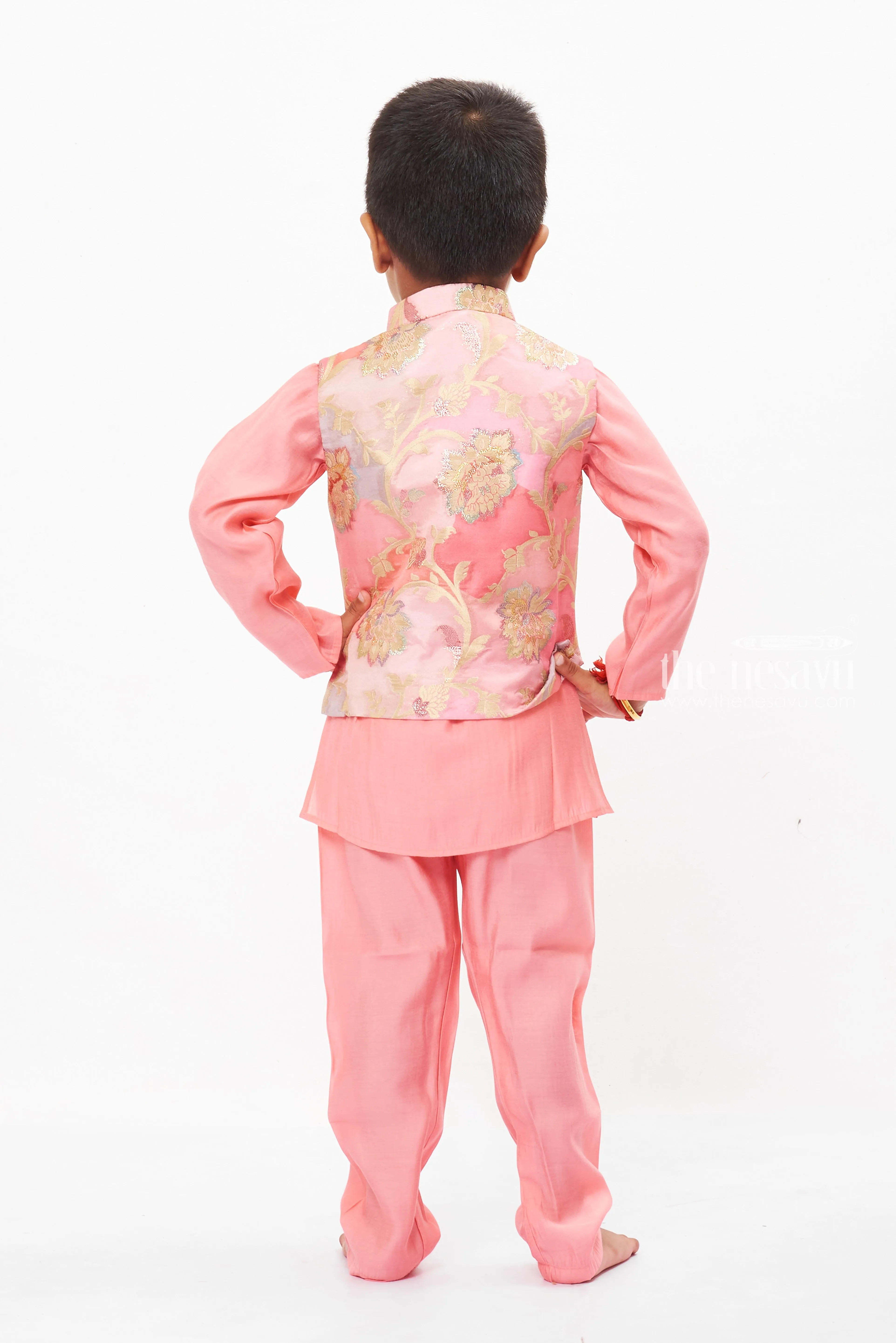 Enchanted Blossom Boys Pink Kurta with Floral Jacket Set