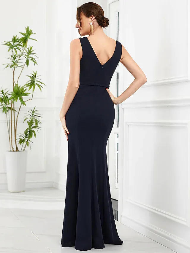 Evening Gown Glittering Dress Prom Floor Length Sleeveless V Neck Polyester with Belt