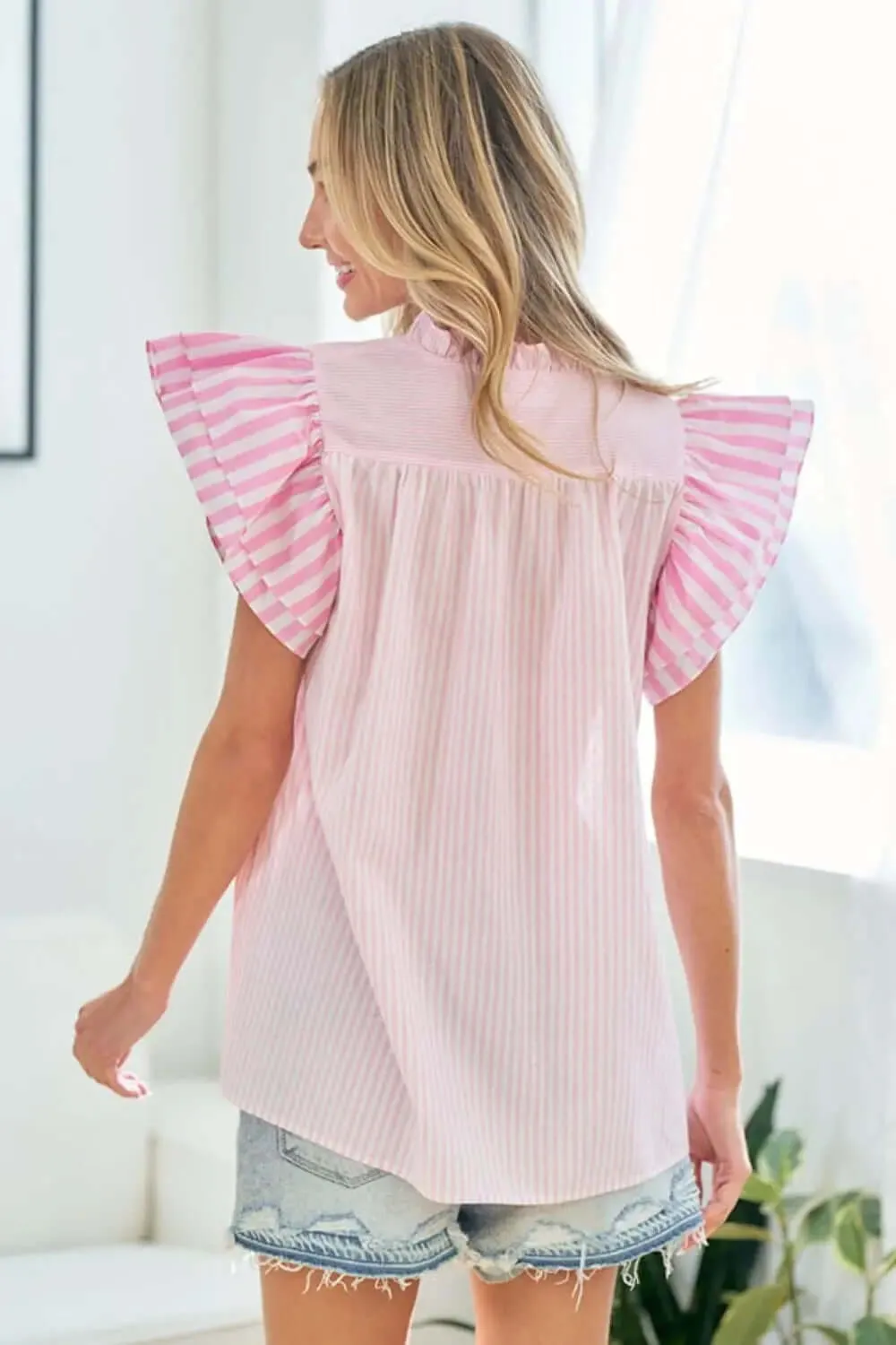 First Love Full Size Flutter Sleeve Striped Blouse