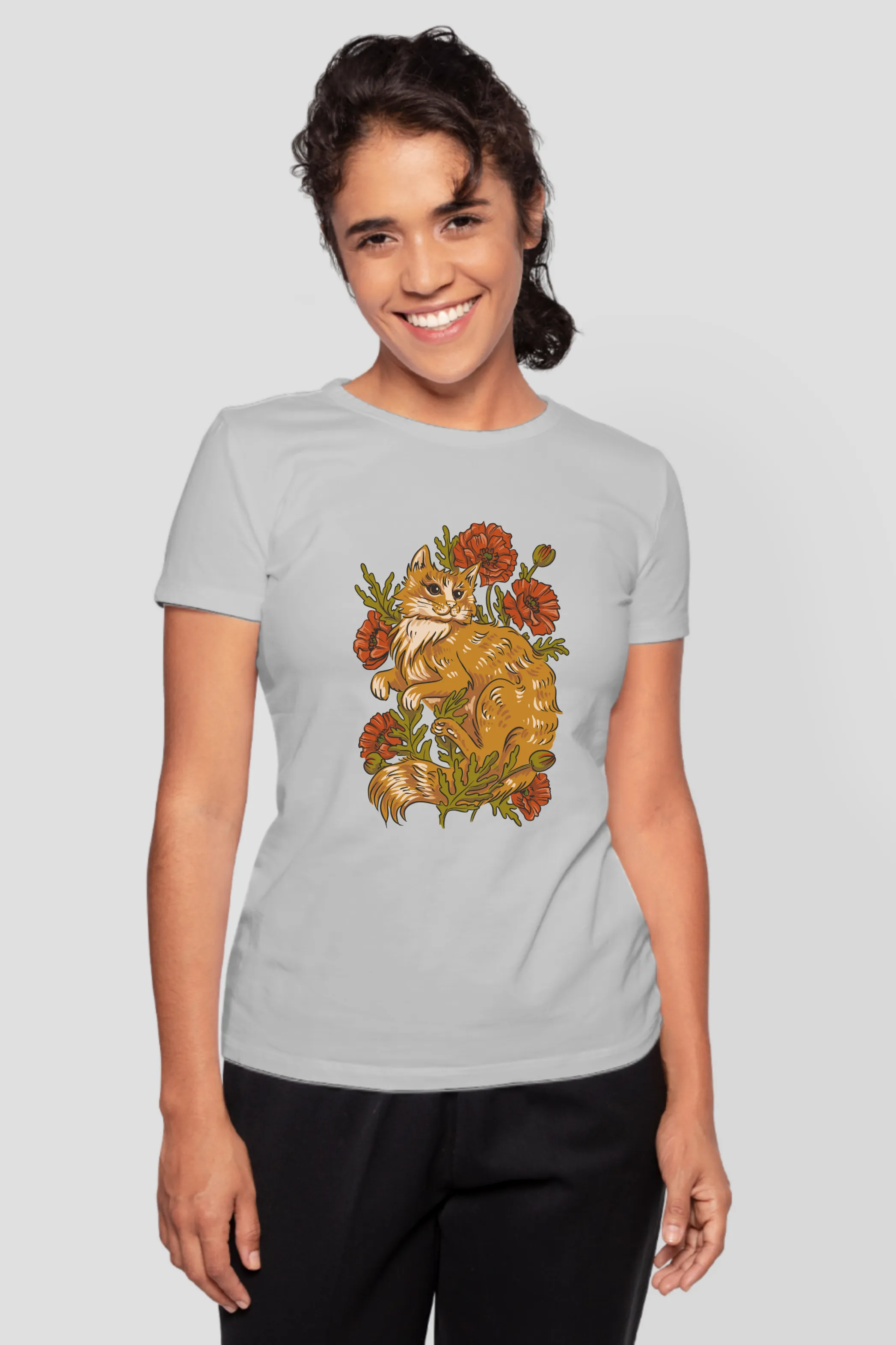 Floral Cat Printed T-shirt for women