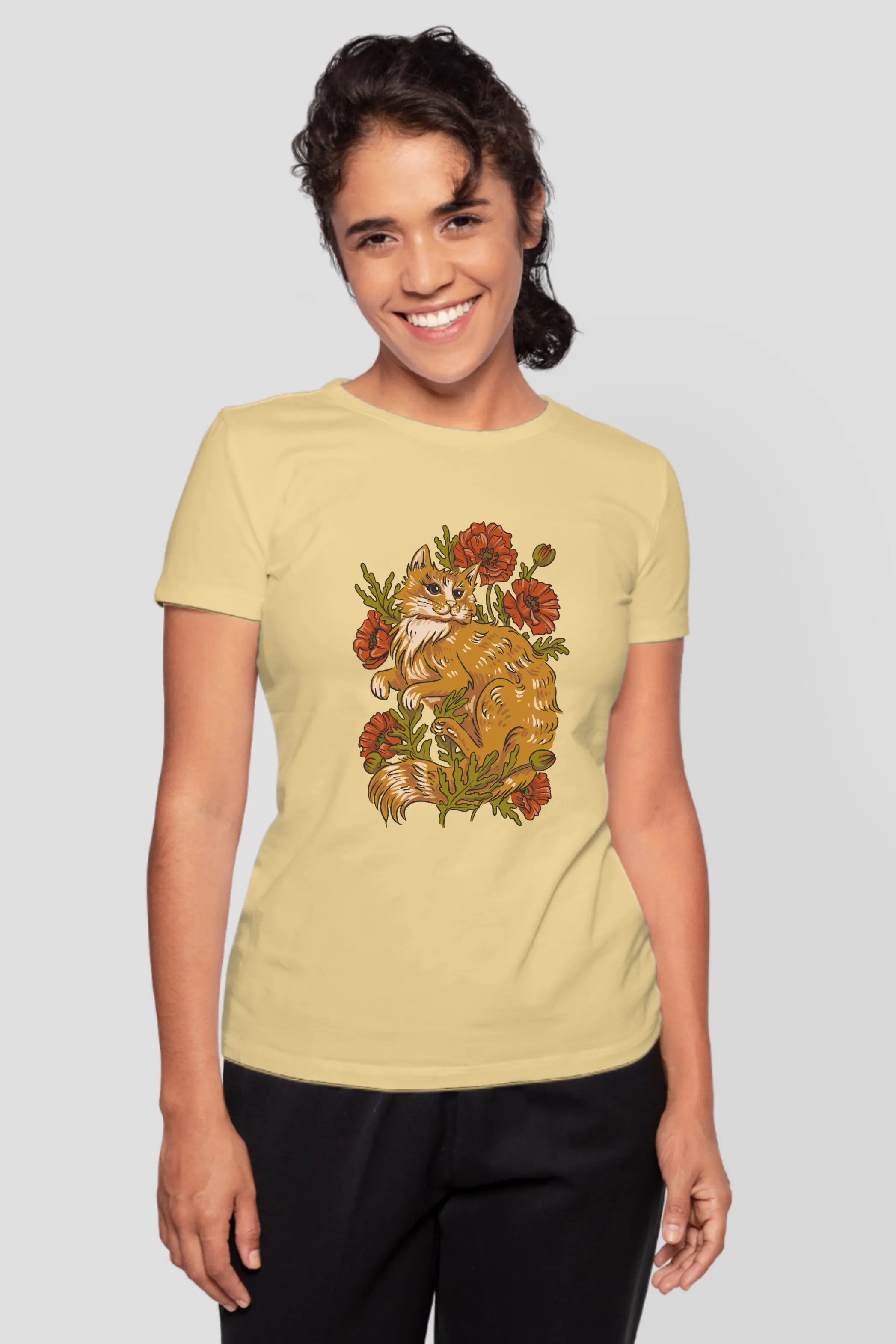 Floral Cat Printed T-shirt for women