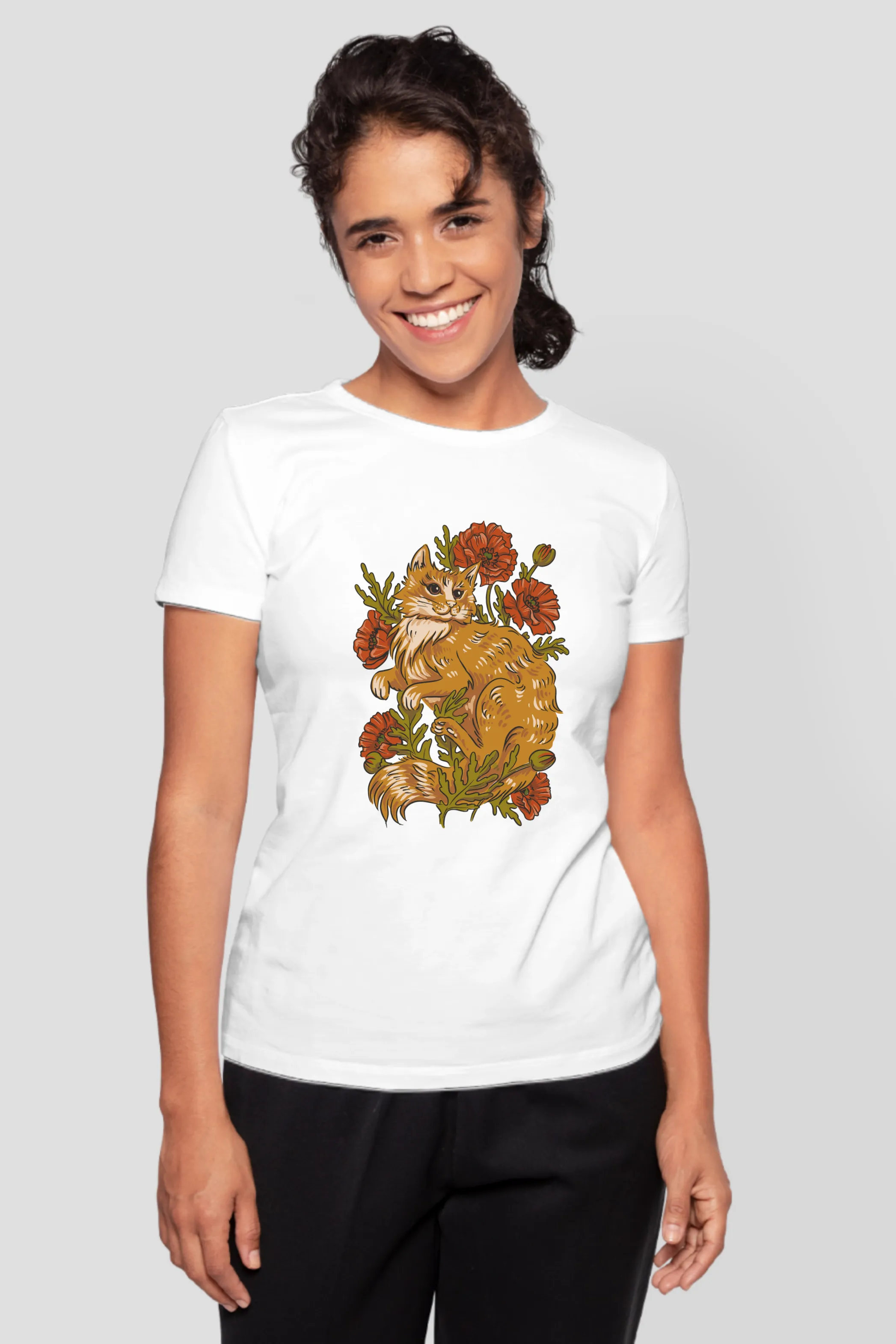 Floral Cat Printed T-shirt for women