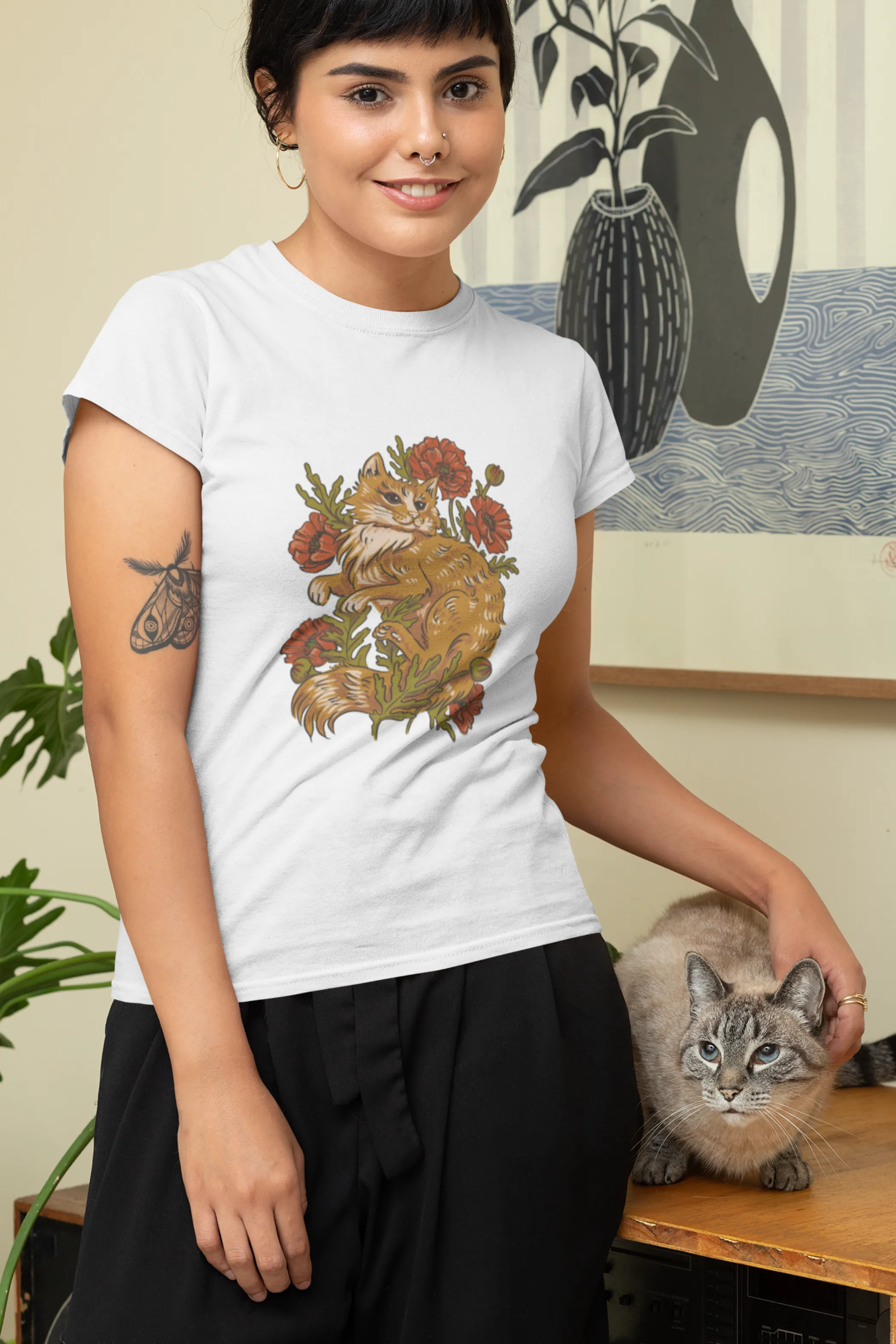 Floral Cat Printed T-shirt for women