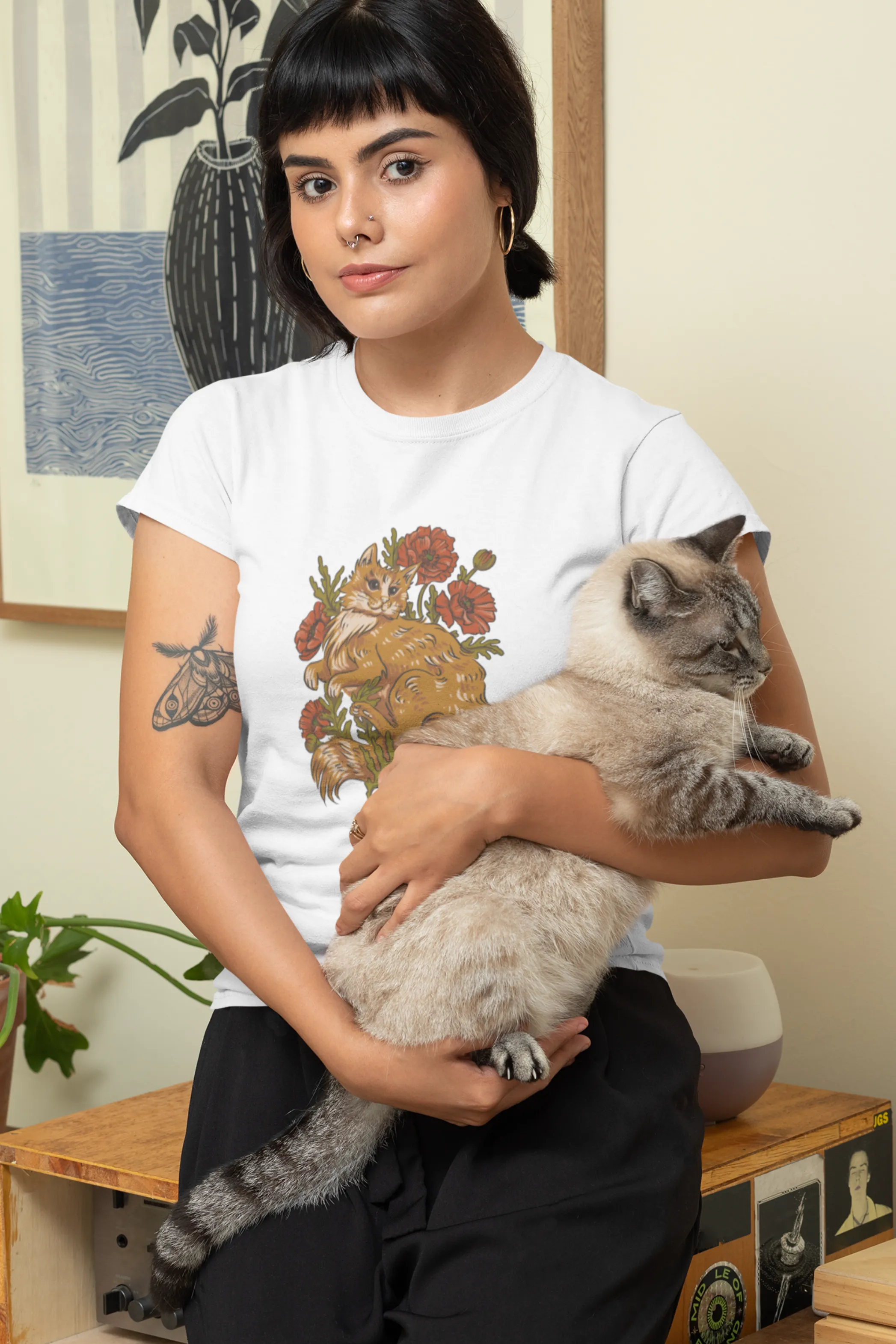 Floral Cat Printed T-shirt for women