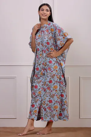 Floral Jaal on Sky Blue Front Buttoned Kaftan