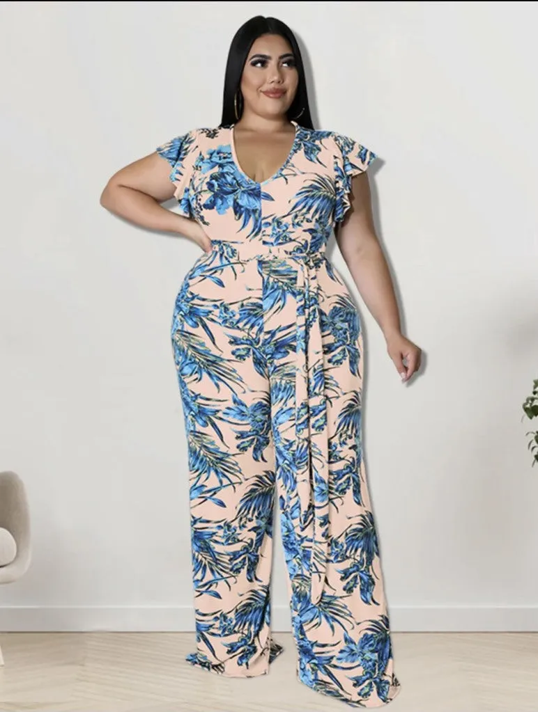 Flower Print Jumpsuit with Belt