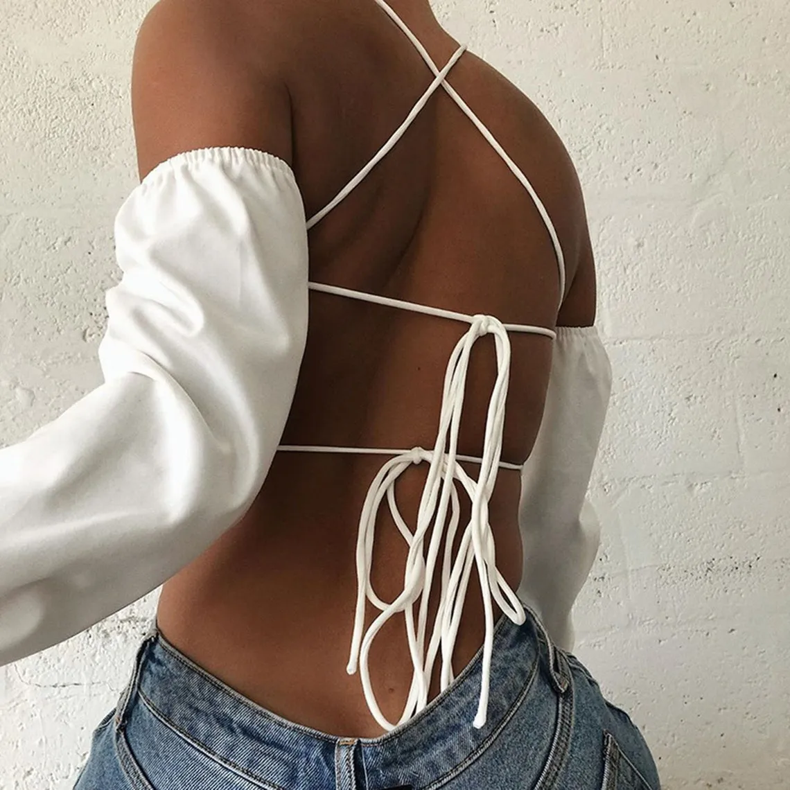 Hollow Out Off Shoulder Cut White Crop Top