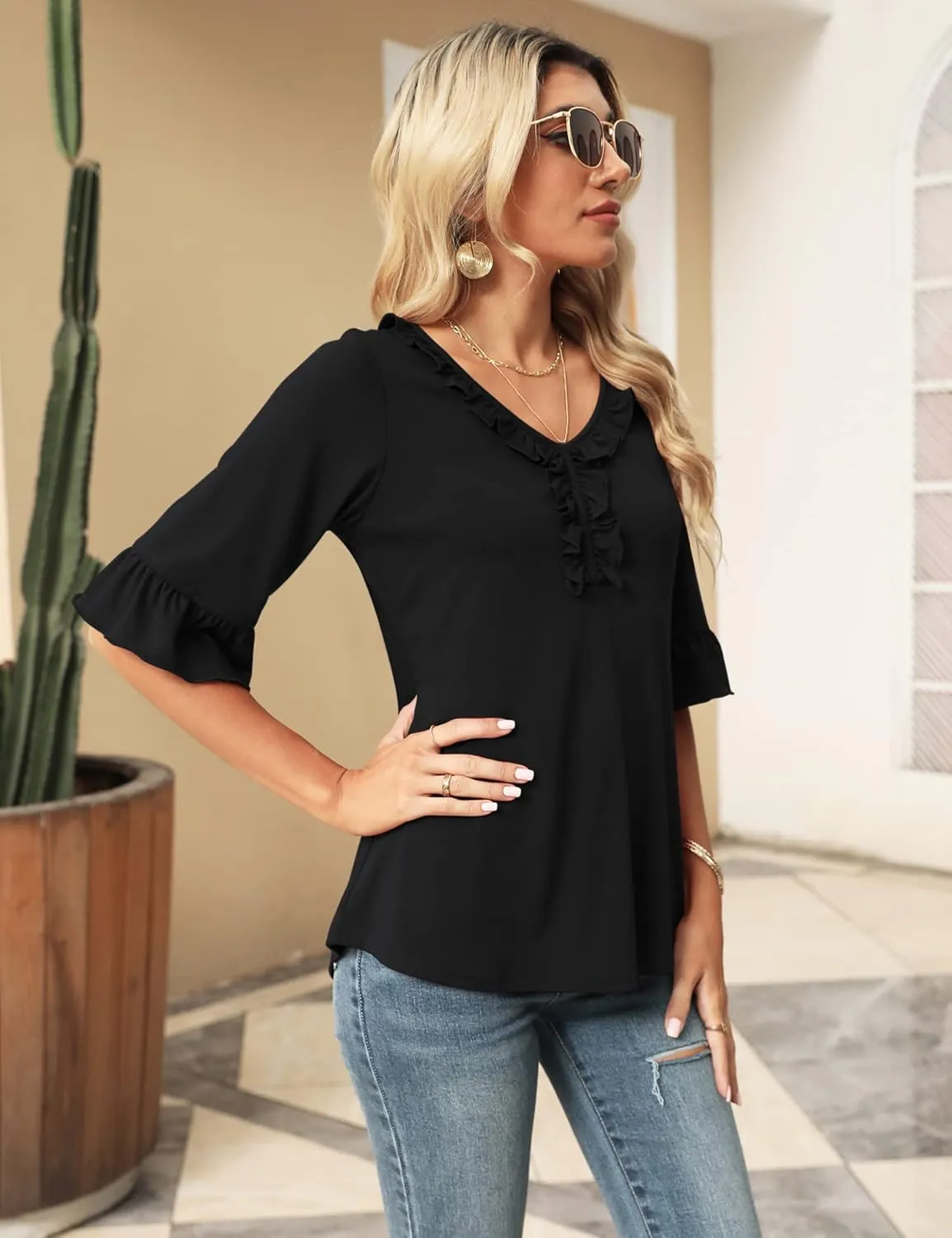 Ivicoer Women's Casual V Neck T Shirts Loose Summer Fall 3/4 Bell Sleeve Tops Ruffle Tunic Blouses