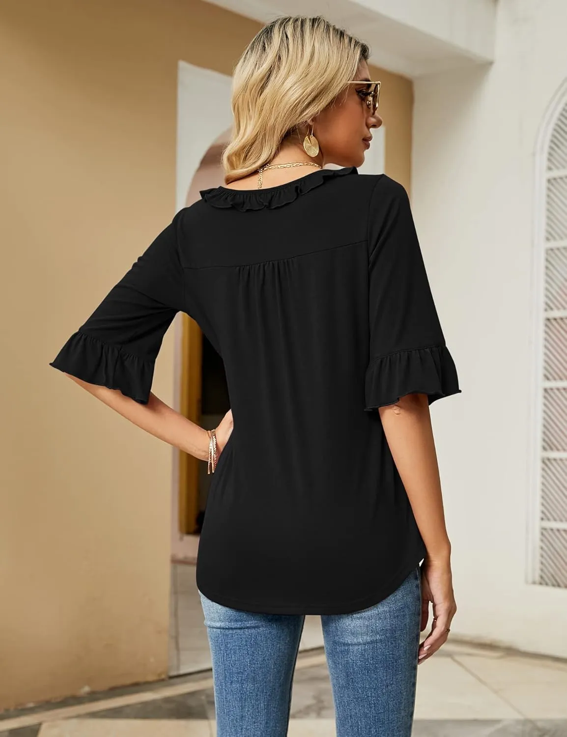 Ivicoer Women's Casual V Neck T Shirts Loose Summer Fall 3/4 Bell Sleeve Tops Ruffle Tunic Blouses